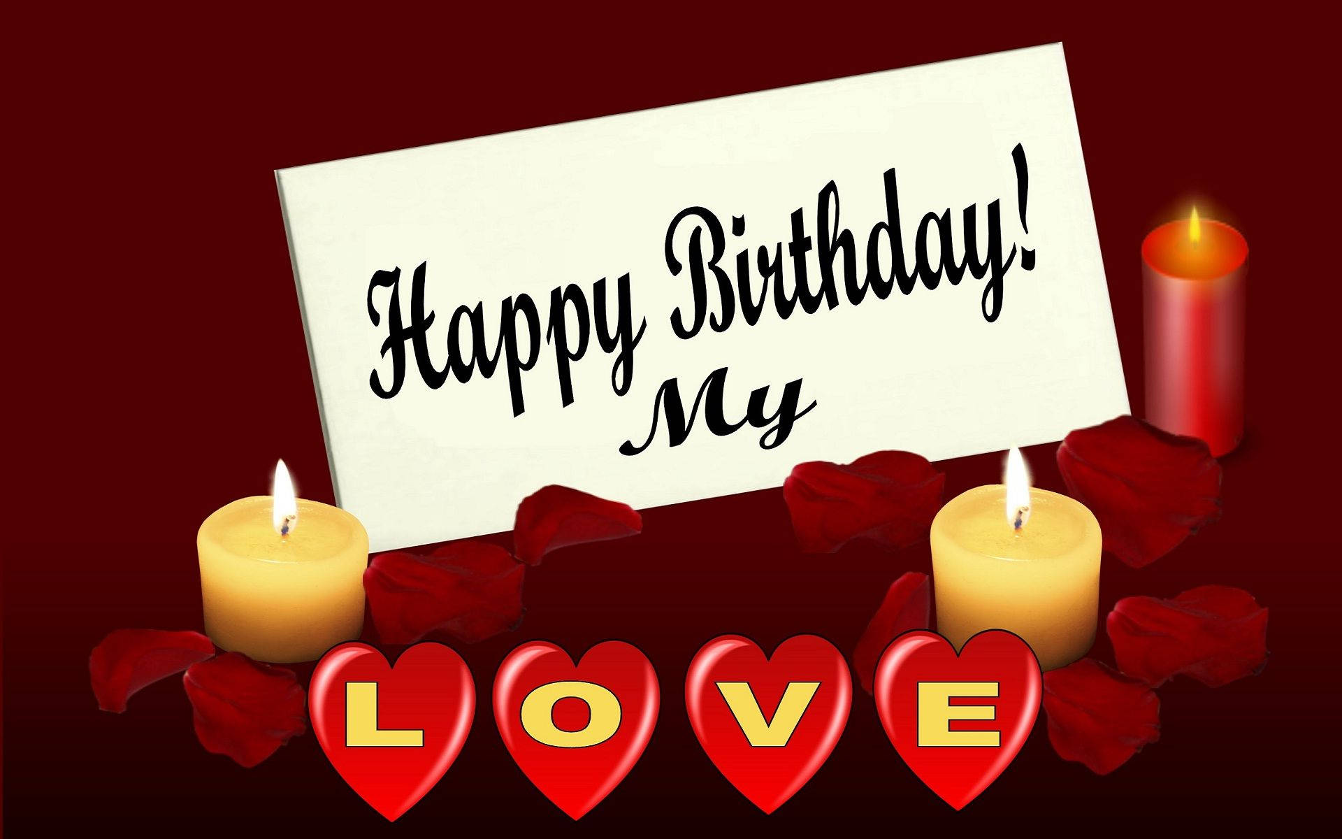 生日快樂我的卡，有蠟燭、玫瑰花瓣和 LOVE 心形在紅色背景上。