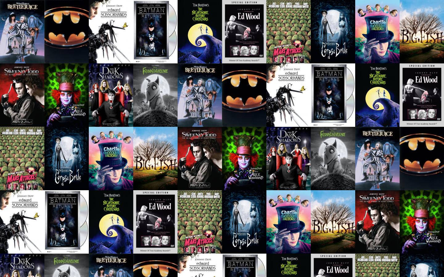 Beetlejuice 桌布 壁紙 — 一張由 Beetlejuice、Batman、Ed Wood 和 Corpse Bride 組成的標誌性恐怖和黑暗奇幻電影海報拼貼，帶有哥德式和超現實的視覺效果。