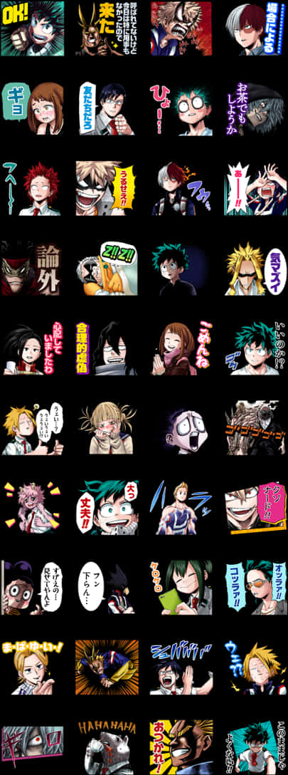 My Hero Academia Anime 桌布 壁紙 — 一張由《我的英雄學院》動漫角色組成的拼貼畫，表情豐富，帶有日語對話氣泡，背景為黑色。
