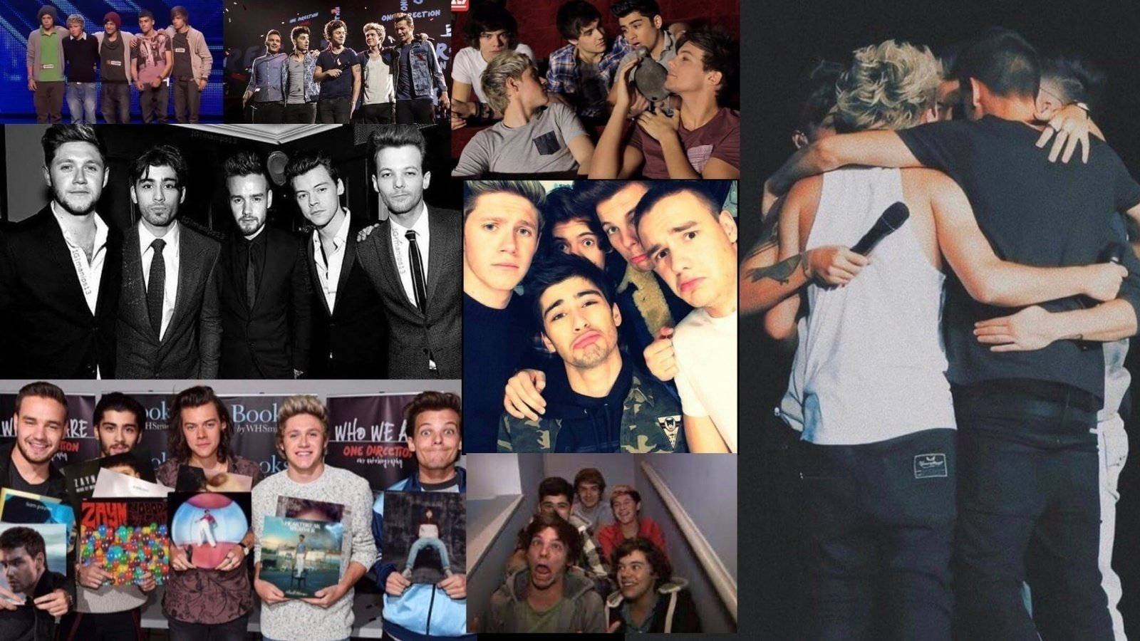 One Direction Aesthetic 桌布 壁紙 — 一張由One Direction樂團成員在不同場景和服裝中拍攝的自然和擺拍照片組成的拼貼畫。