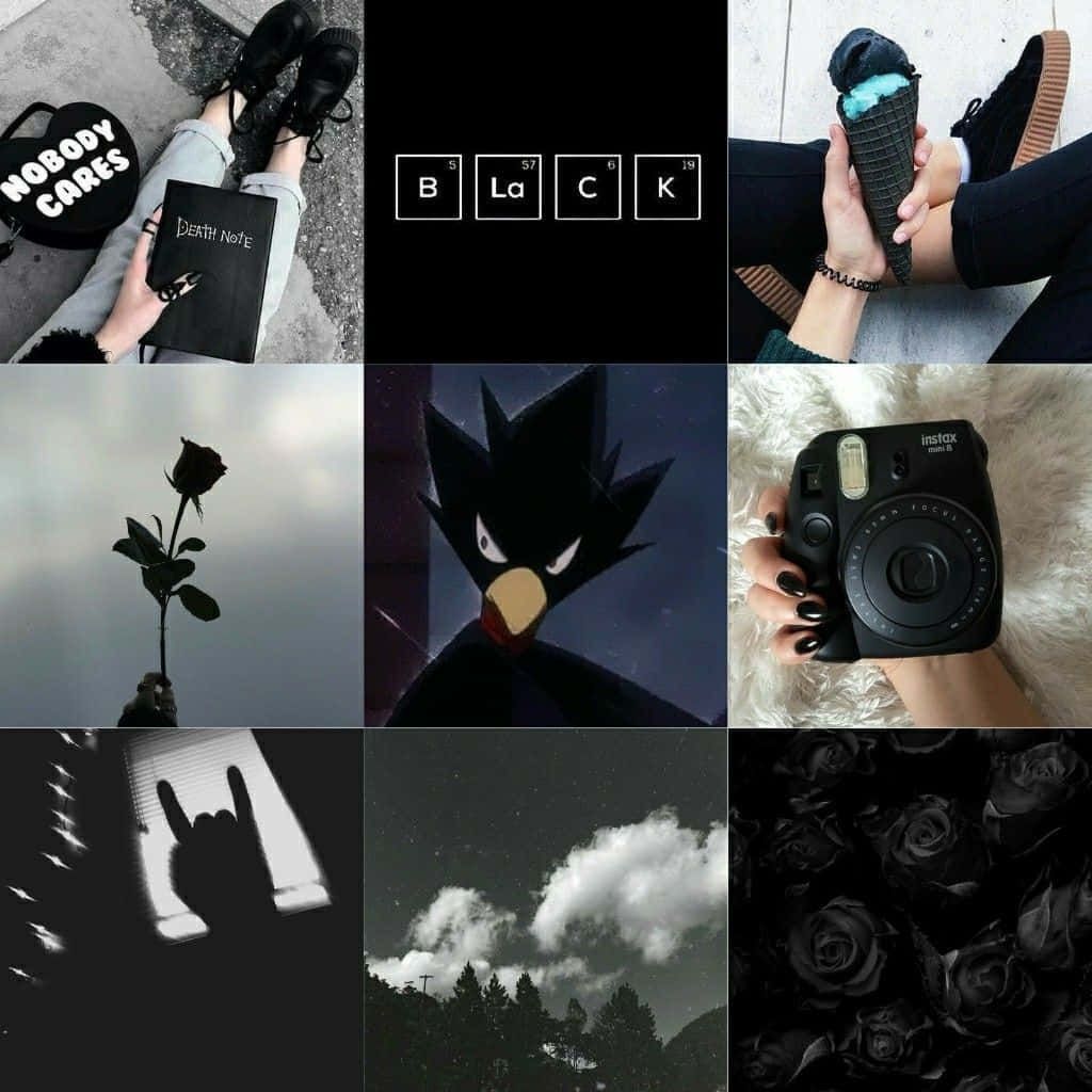 Fumikage Tokoyami 桌布 壁紙 — 一張由九張圖片組成的黑白拼貼，包括玫瑰、死亡筆記、動畫鳥和手持即時相機。