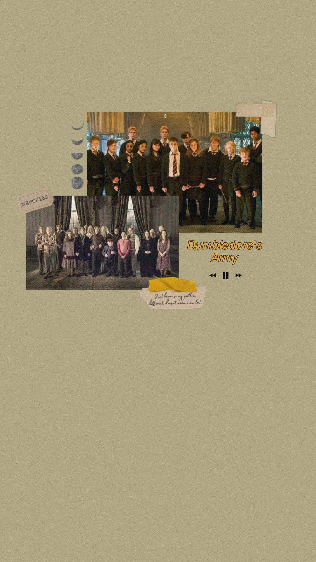 Dumbledore's Army 桌布 壁紙 — 一張由哈利波特中鄧不利多的軍隊成員的兩張團體照組成的拼貼畫，以復古貼紙和米色背景裱框。