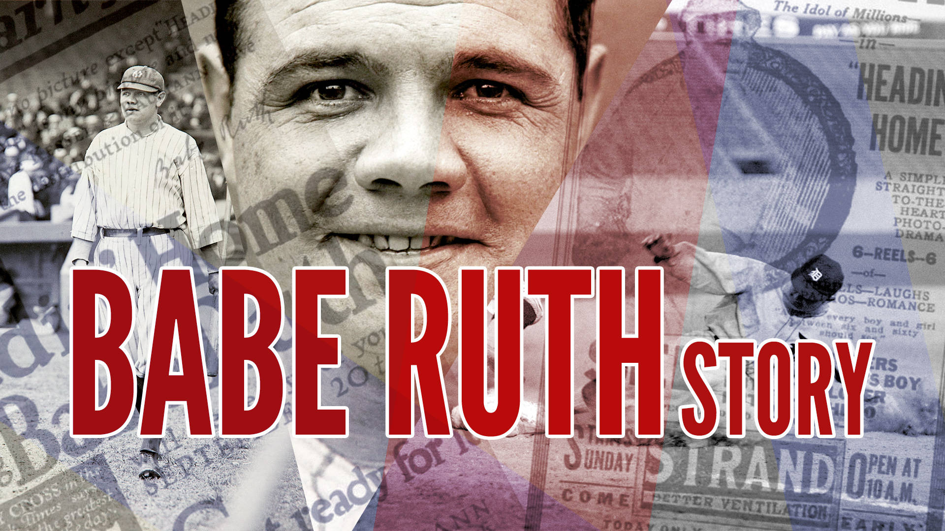 Babe Ruth 桌布 壁紙 — 一張由復古報紙剪報和照片組成的拼貼畫， featuring Babe Ruth，並帶有粗體紅色文字疊加。