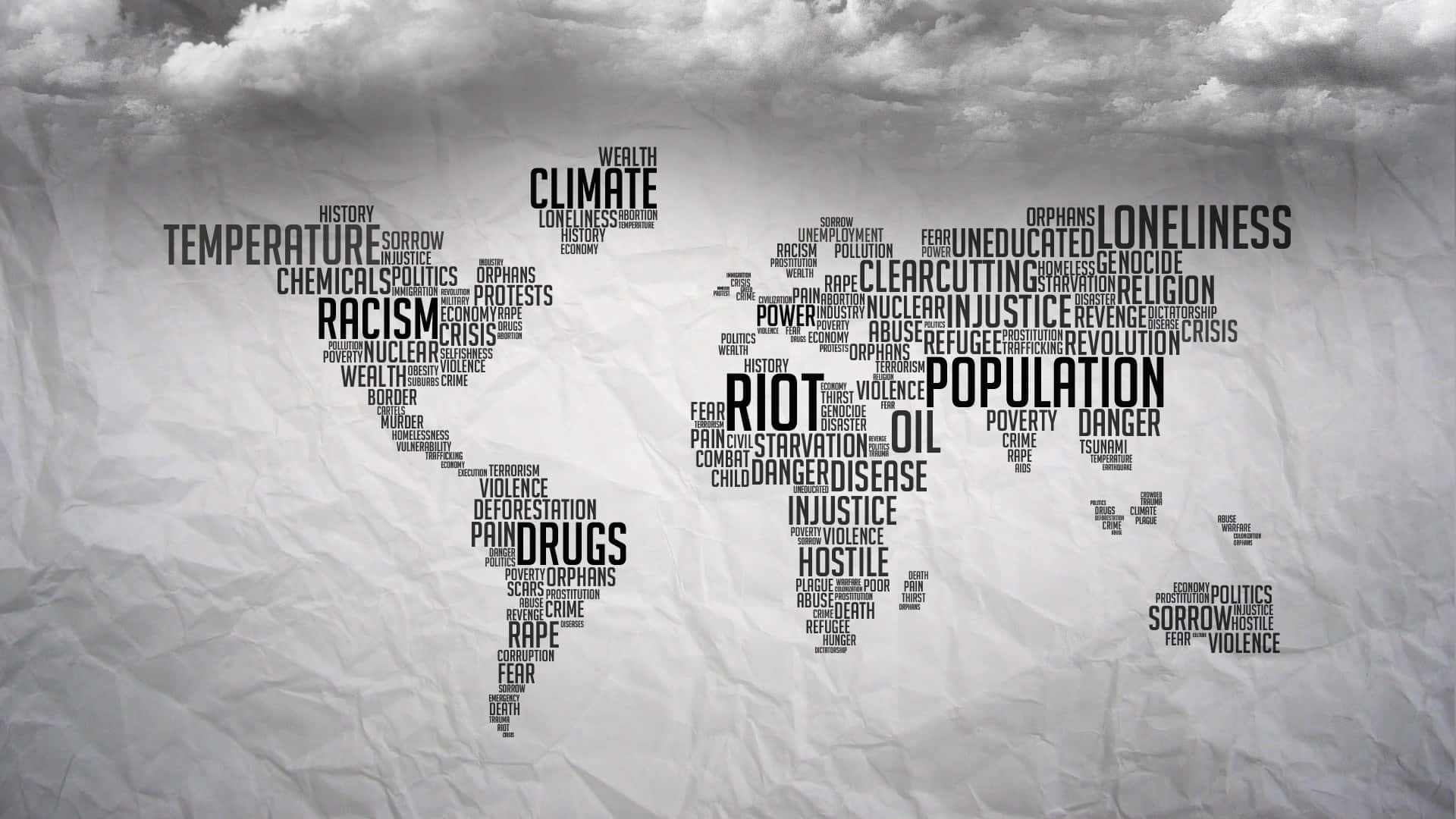 World Map Aesthetic 桌布 壁紙 — 一張由氣候、種族主義和暴力等大膽詞語組成的皺巴巴紙世界地圖，背景是陰沉的灰色天空。