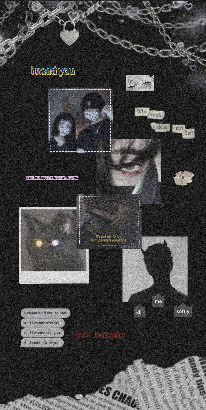 Grunge Emo Aesthetic 桌布 壁紙 — 一張由照片、文字和帶有心形吊飾的鏈條組成的陰暗憂鬱拼貼畫，並配上浪漫語句。