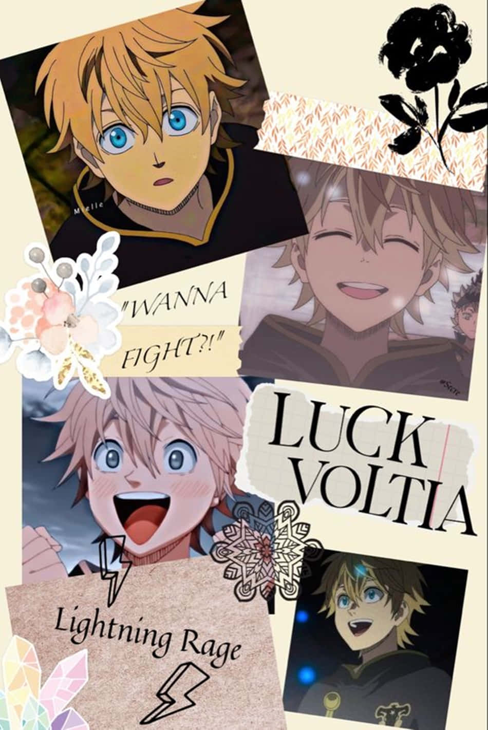 Luck Voltia 桌布 壁紙 — 一張由表情豐富的動漫角色和裝飾元素（如花朵和閃電圖案）組成的拼貼畫。
