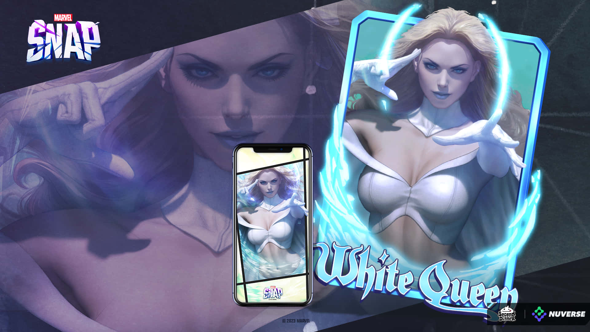 女王 桌布 壁紙 — 一張發光的 Marvel Snap 白皇后卡牌，旁邊放著一部顯示她肖像的智慧型手機，背景為深色。