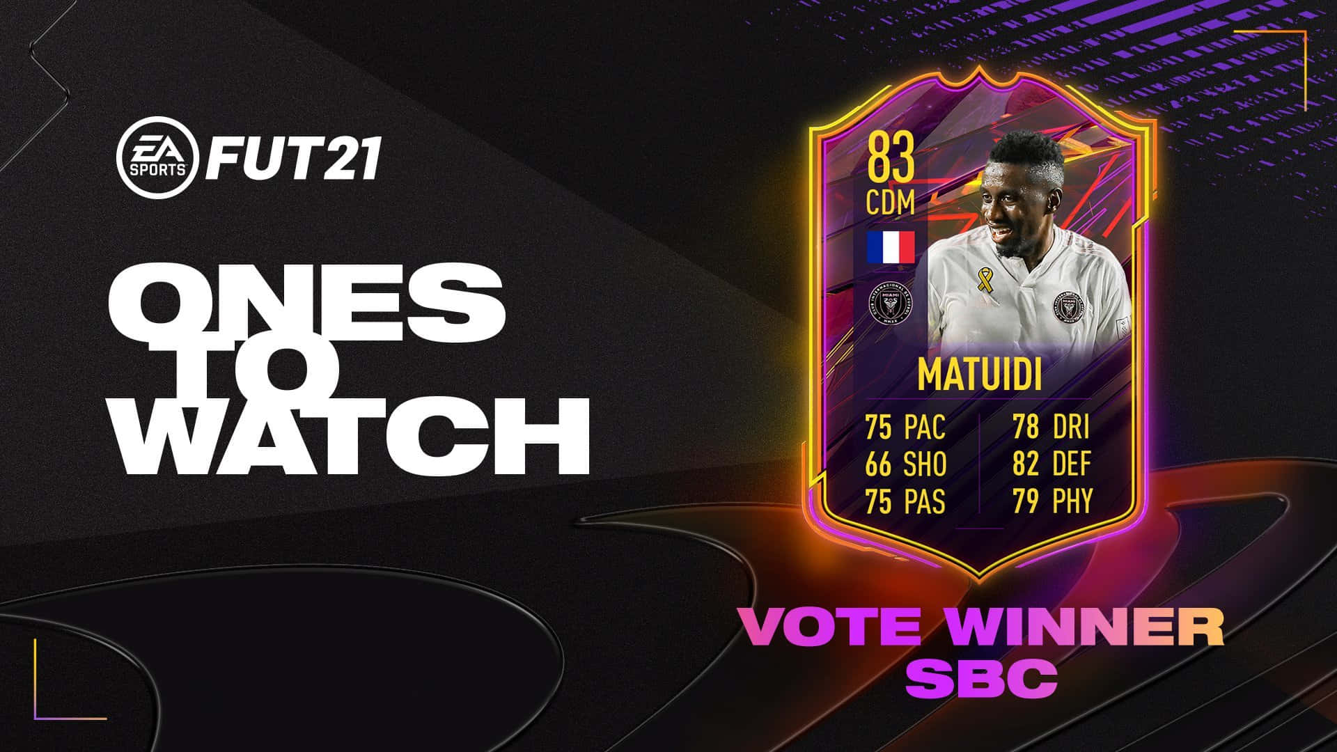足球 桌布 壁紙 — 一張發光的FIFA 21球員卡， featuring Matuidi，附有統計數據和法國國旗，背景為深色數位風格。