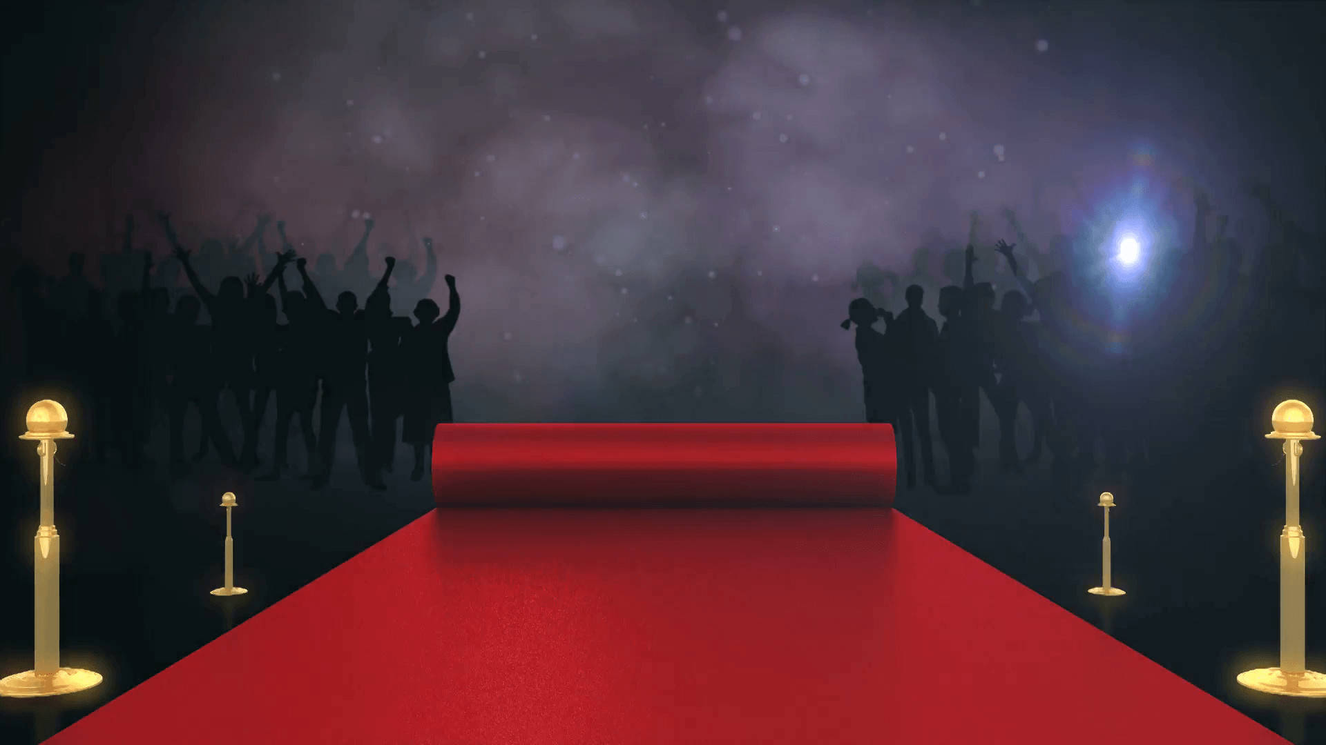 Red Carpet 桌布 壁紙 — 一張發光的紅地毯向著繁星點點的夜空延伸，剪影人群在明亮的聚光燈下高舉雙臂歡呼。