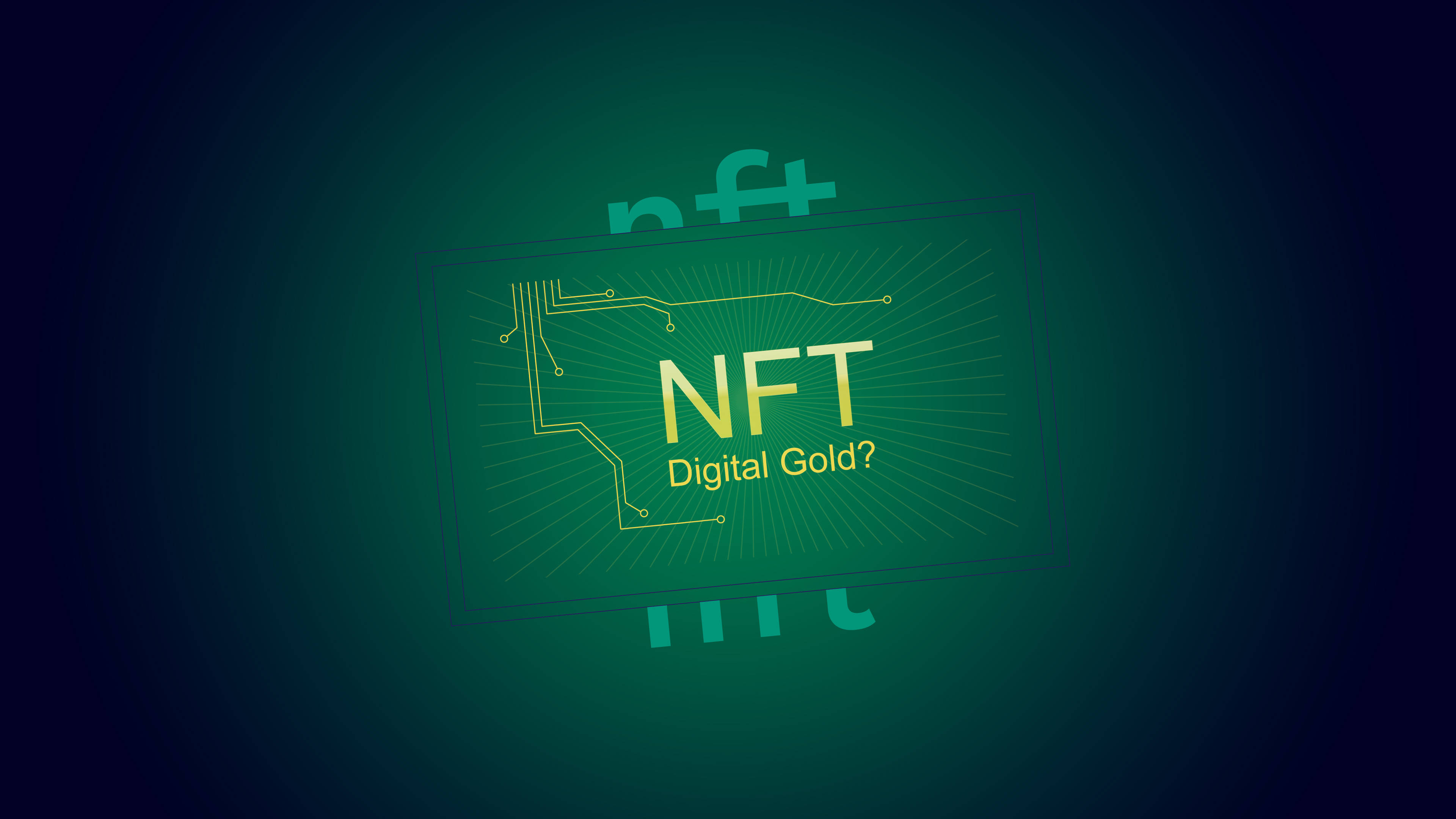 NFT 桌布 壁紙 — 一張發光的綠色數位NFT卡，帶有電路線，在深色漸變背景上問「數位黃金？」