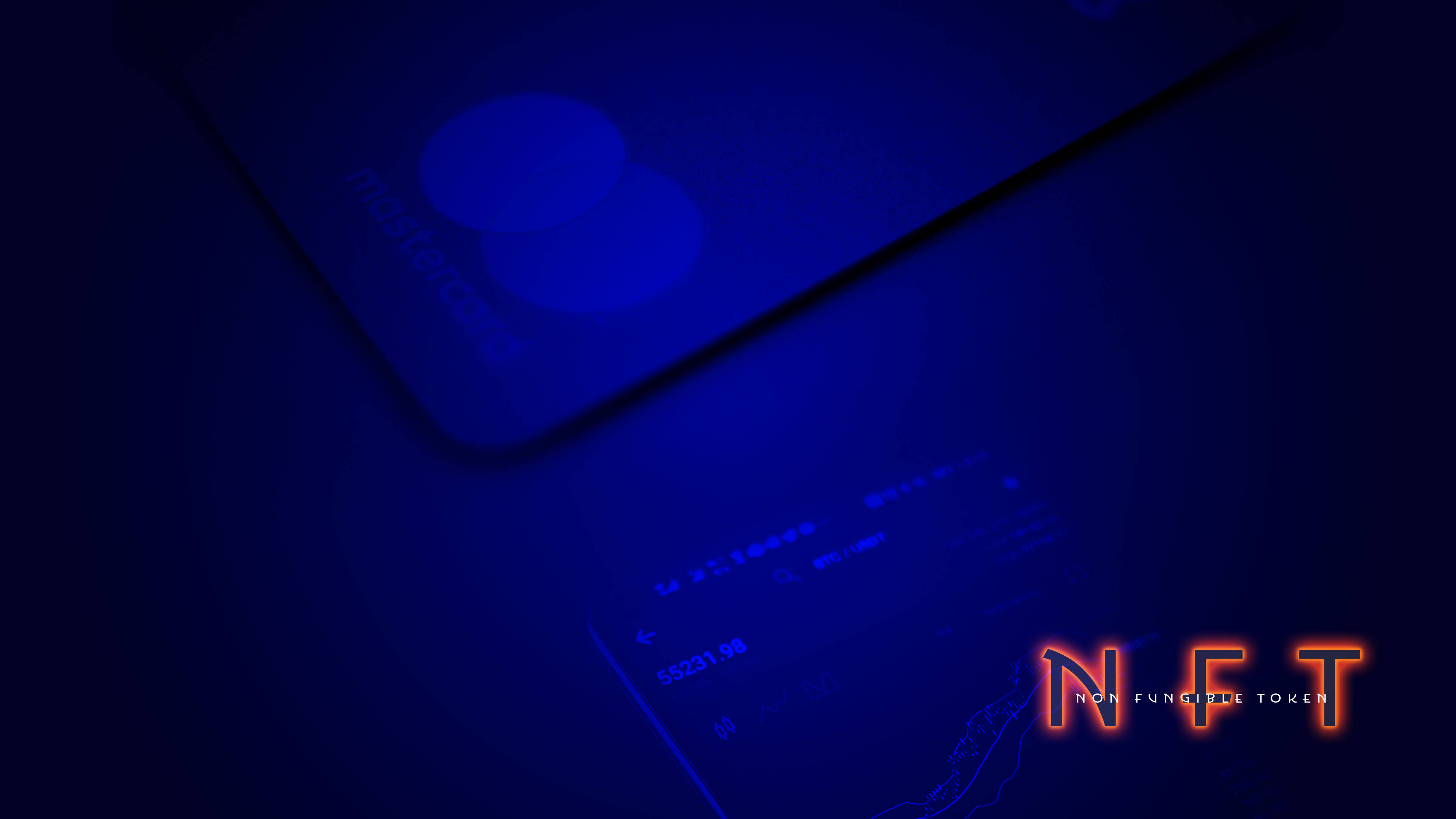 NFT 桌布 壁紙 — 一張發光的藍色NFT卡，帶有數字文字和發光的紅色NFT標誌，背景為深色。
