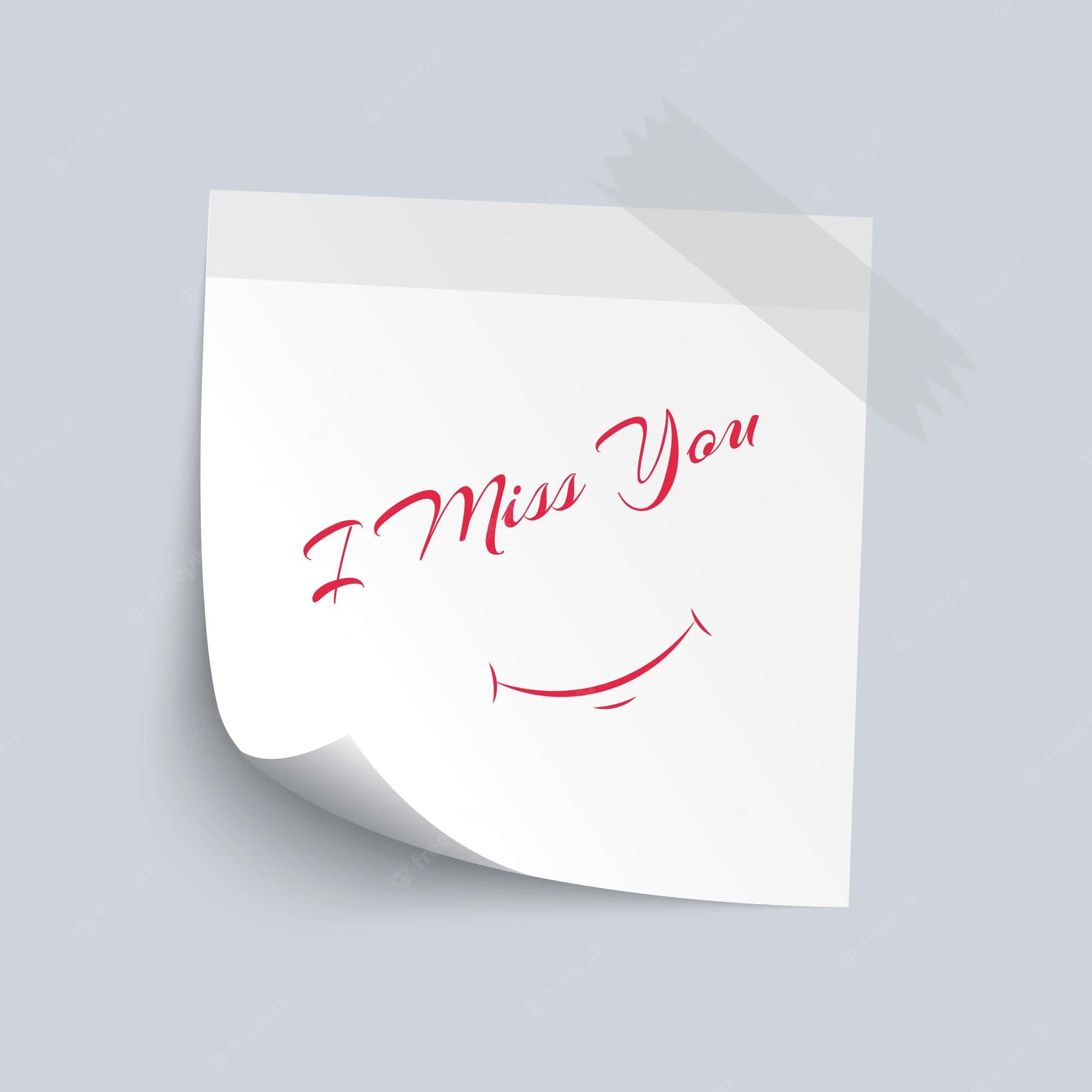 我想你 桌布 壁紙 — 一張白色便利貼，上面有紅色草書文字寫著「I Miss You」和一個笑臉，角落微微翹起，背景是淺灰色。