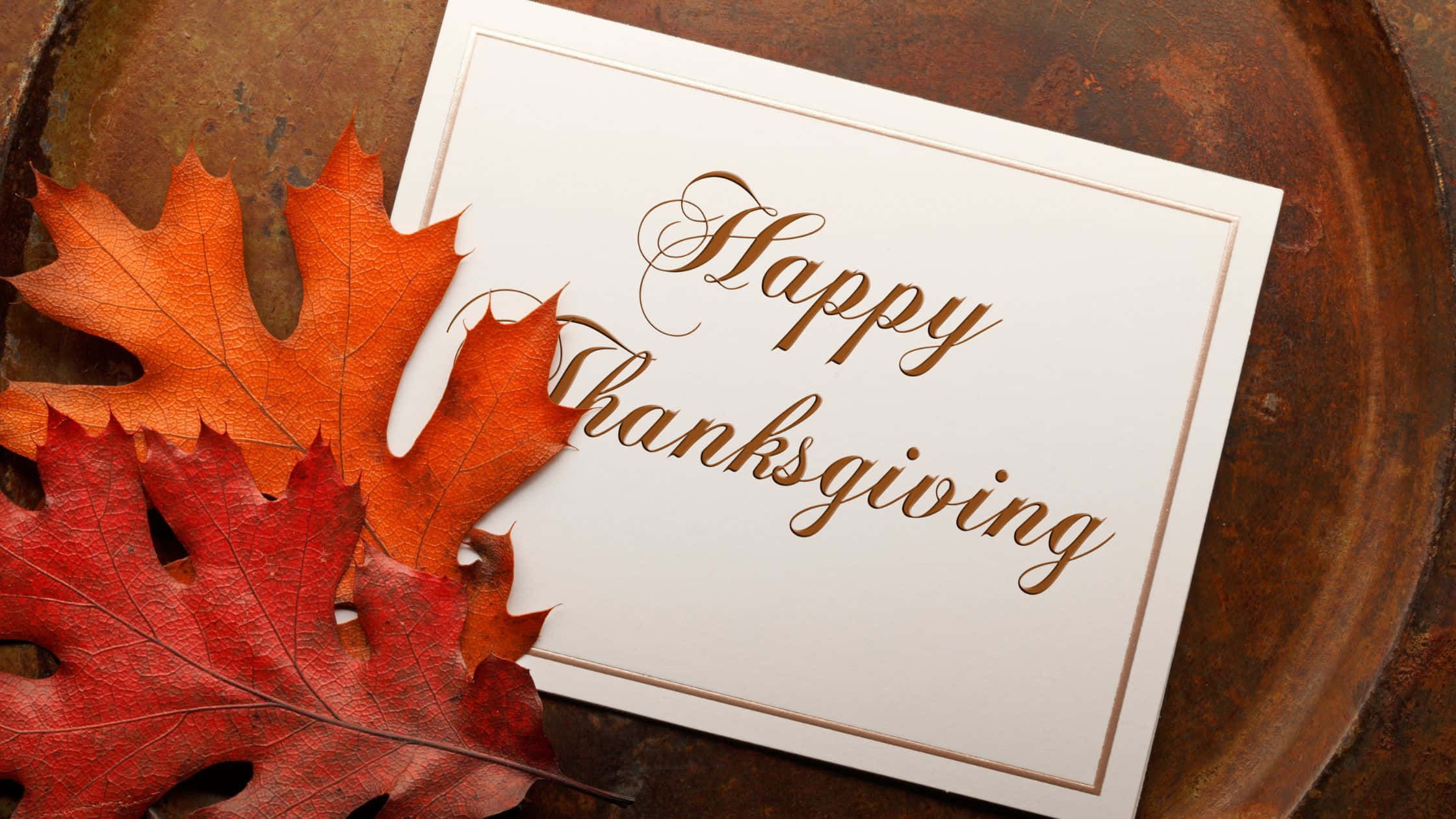 感恩節 桌布 壁紙 — 一張白色卡片上帶有金色草書 'Happy Thanksgiving' 文字，旁邊是鮮豔的紅色和橙色秋葉，放置在質樸的木質表面上。