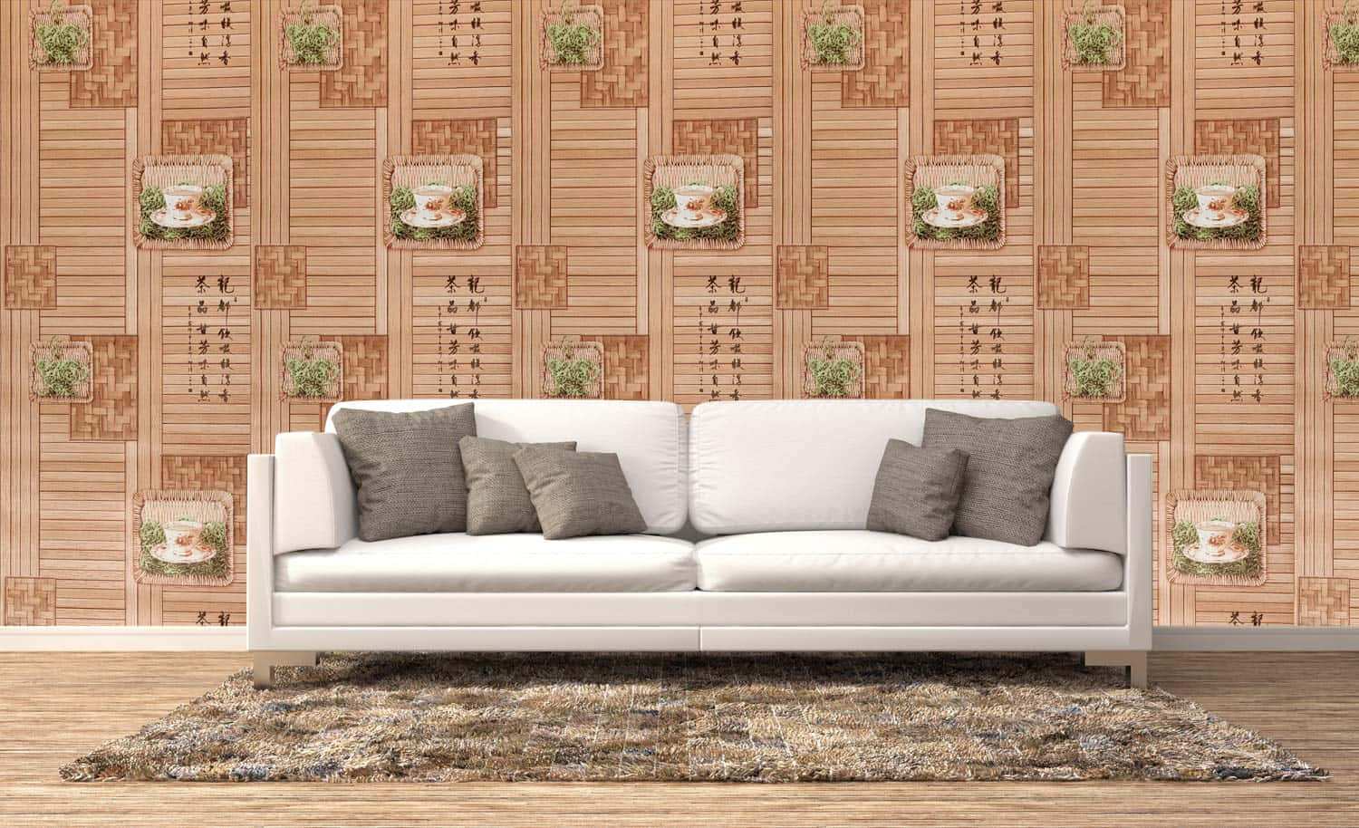 Interior Design 桌布 壁紙 — 一張白色沙發搭配灰色靠墊，放在有紋理的地毯上，背景是竹紋壁紙，點綴著茶主題插圖和中國書法。