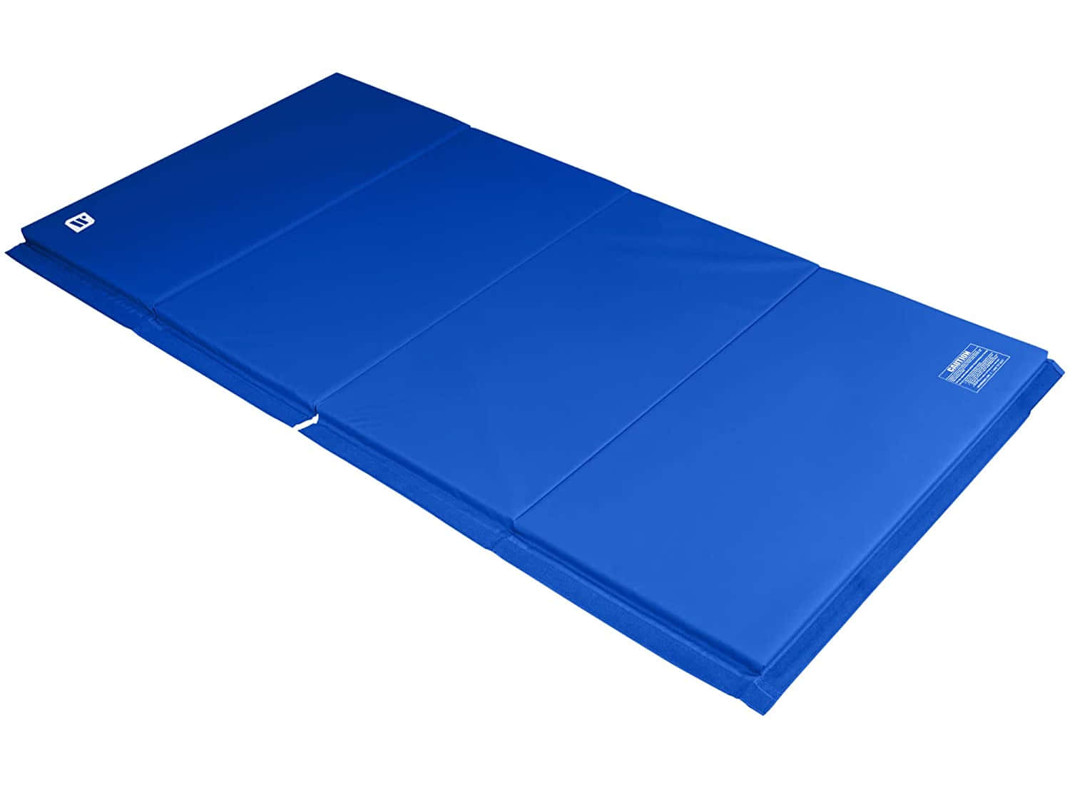 Gymnastics Mat 桌布 壁紙 — 一張皇家藍色可折疊體操墊，帶有縫合面板和品牌標籤，展示在純白色背景上。