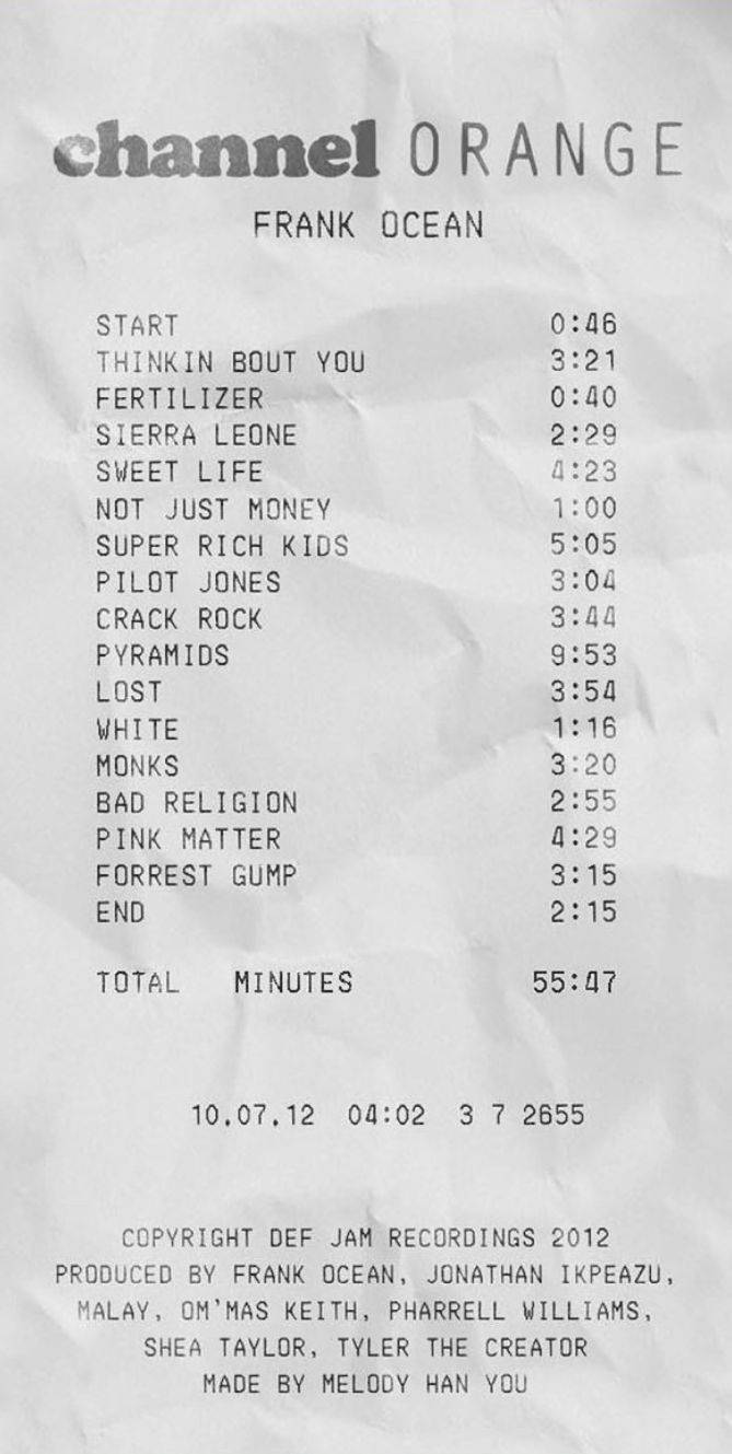 Sales 桌布 壁紙 — 一張皺巴巴的紙，上面以手寫風格字體顯示 Frank Ocean 專輯《Channel Orange》的曲目列表和製作人員名單。