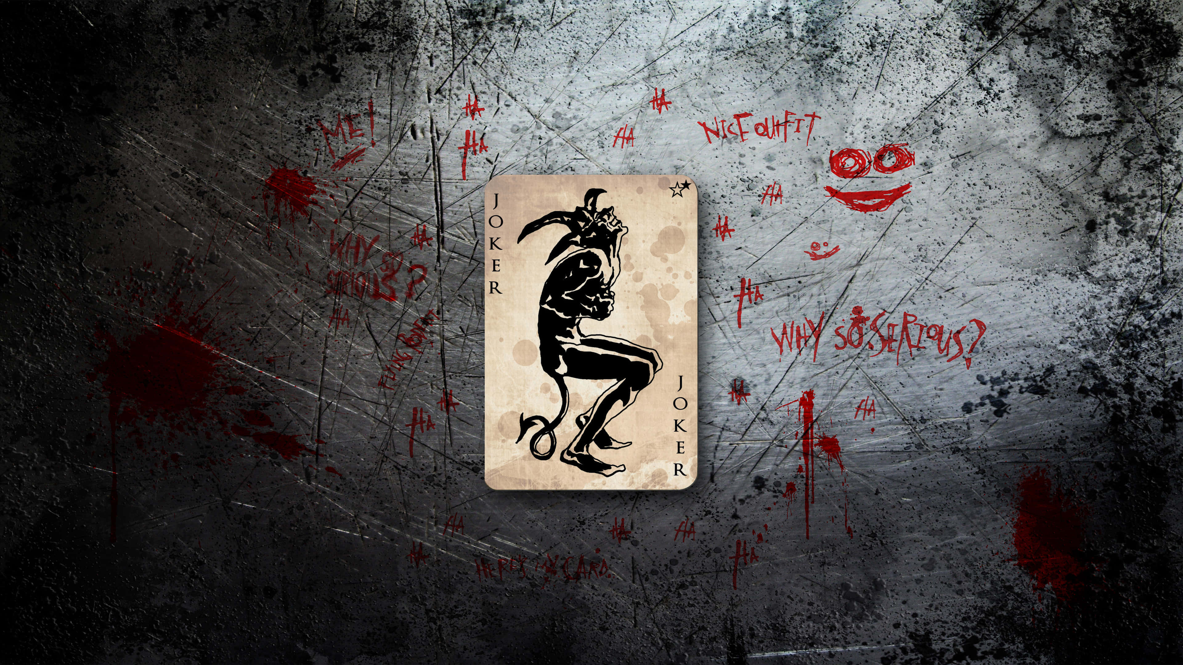 Joker Card 桌布 壁紙 — 一張破舊的小丑牌，上面有魔鬼般的人物，放在中央，背景是粗糙的牆壁，上面濺滿了紅色塗鴉和血跡般的污漬。