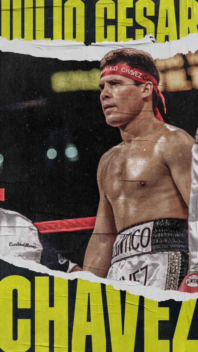 Poster Design 桌布 壁紙 — 一張破舊的拳擊手 Julio Cesar Chavez 在擂台上的海報，汗水在他肌肉發達的軀幹和紅色頭帶上閃閃發光。