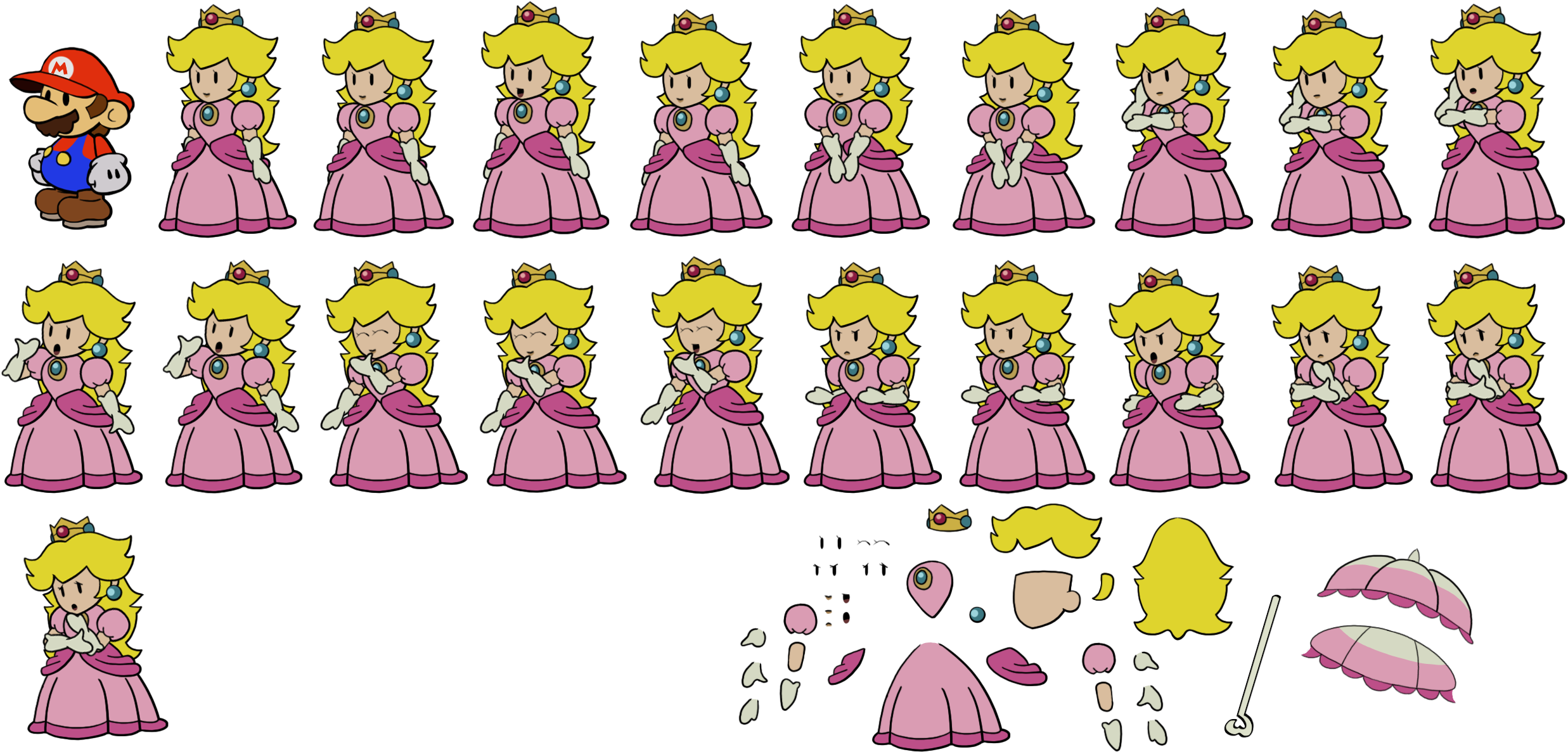 princess peach 桌布 壁紙 — 一張碧姬公主身穿粉紅色連衣裙的精靈圖，左上角有瑪利歐，下方散落著服裝部件。