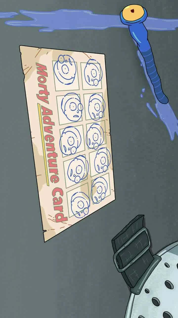 The Cromulons 桌布 壁紙 — 一張磨損的 Morty Adventure 卡，上面有九個 Morty 臉部草圖，漂浮在水下，靠近一條藍色軟管和一個頭盔。