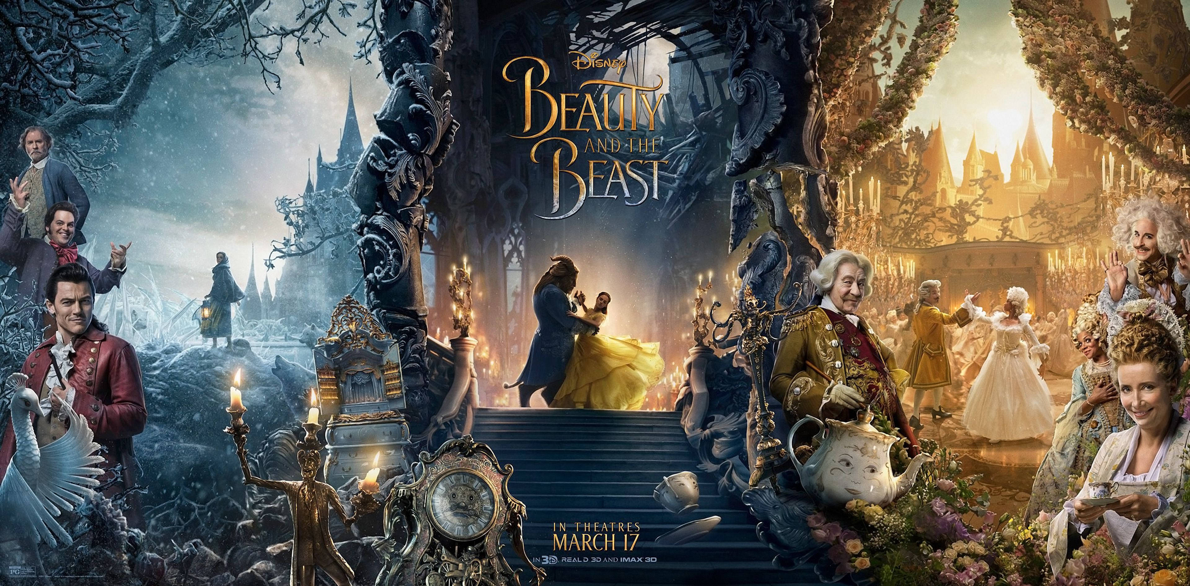 beast 桌布 壁紙 — 一張神奇的迪士尼電影海報，美女與野獸在宏偉的魔法拱門下跳舞，周圍有角色和魔法物品。