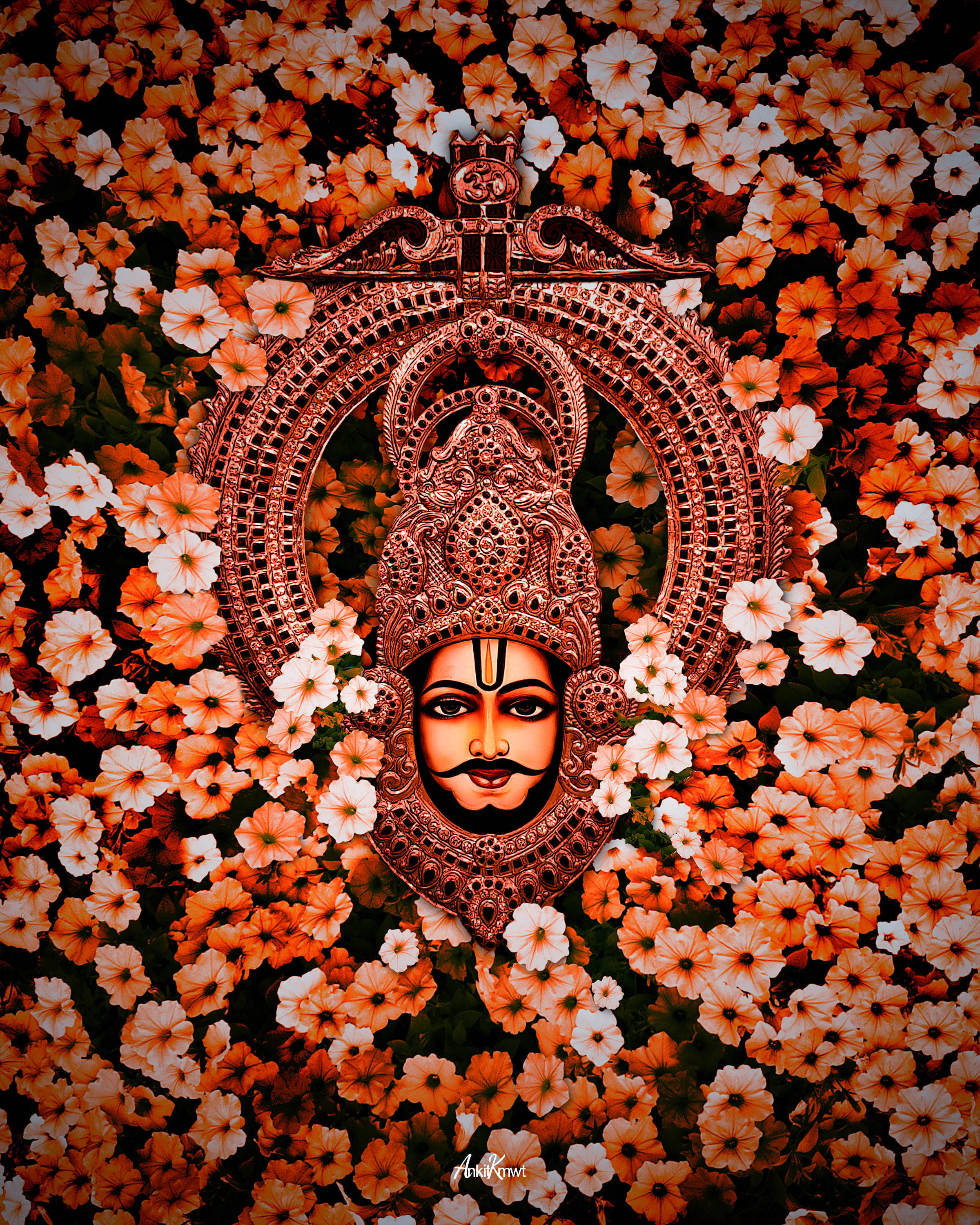 Shyam Baba 桌布 壁紙 — 一張神聖的臉龐戴著華麗的皇冠，從橙色和白色花朵的海洋中浮現，呈現出精緻的數位藝術。