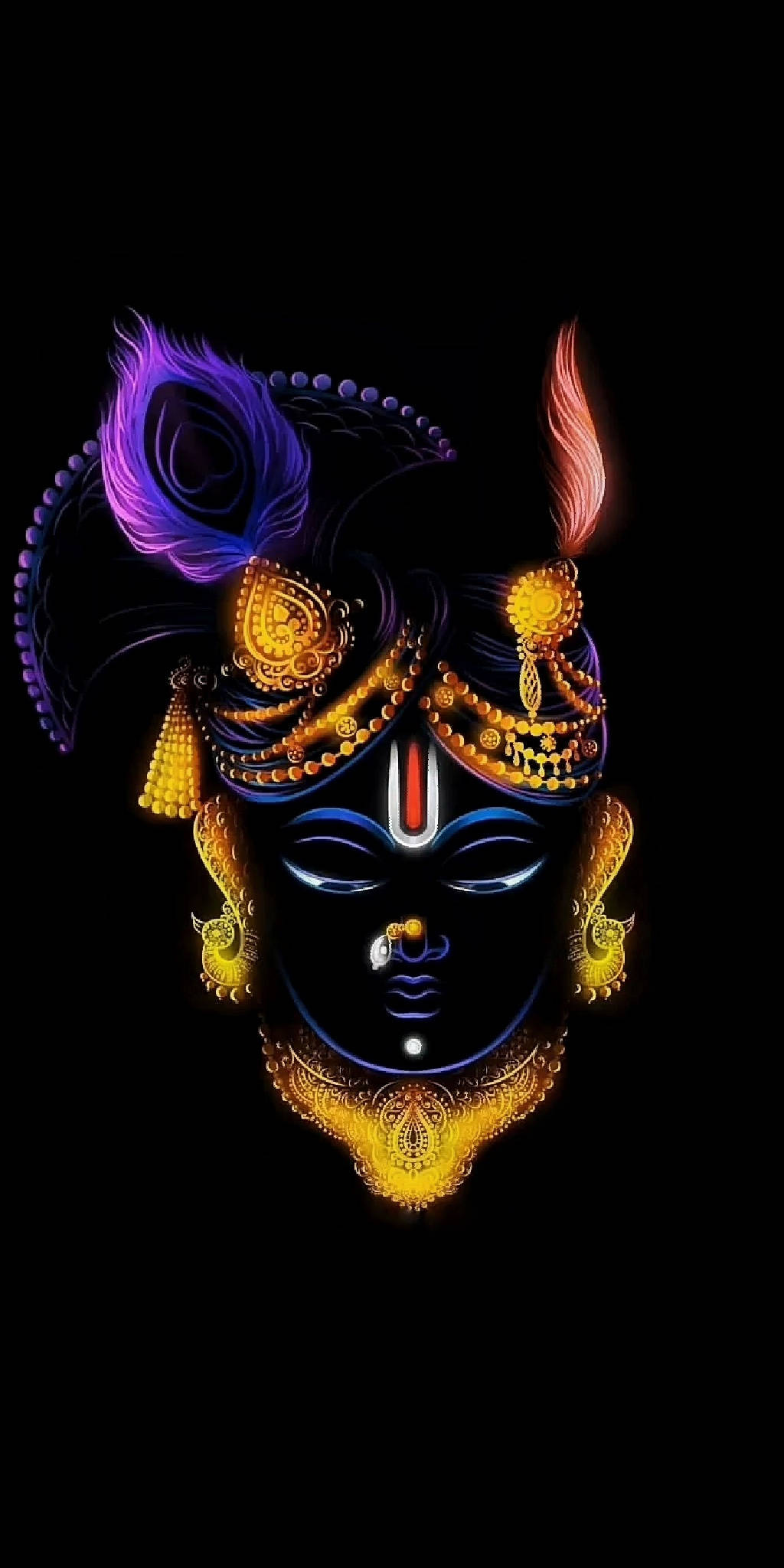 krishna iPhone 桌布 壁紙 — 一張神聖的面孔，帶有發光的金色飾品和紫色羽毛，在黑色背景上閃耀。