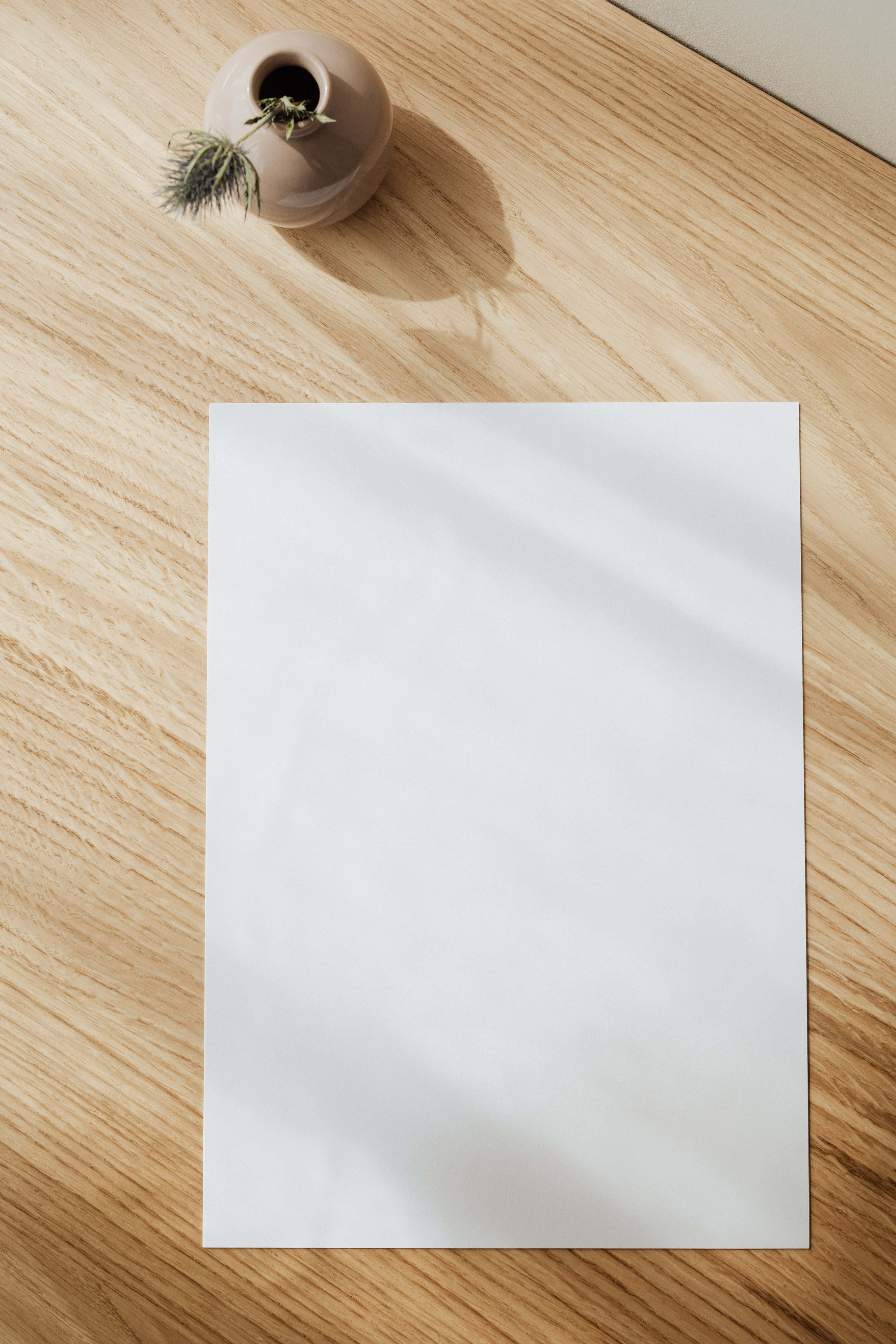 Sheet 桌布 壁紙 — 一張空白的白紙放在淺色木質表面上，旁邊有一個小型的米色花瓶，插著一株乾燥植物。