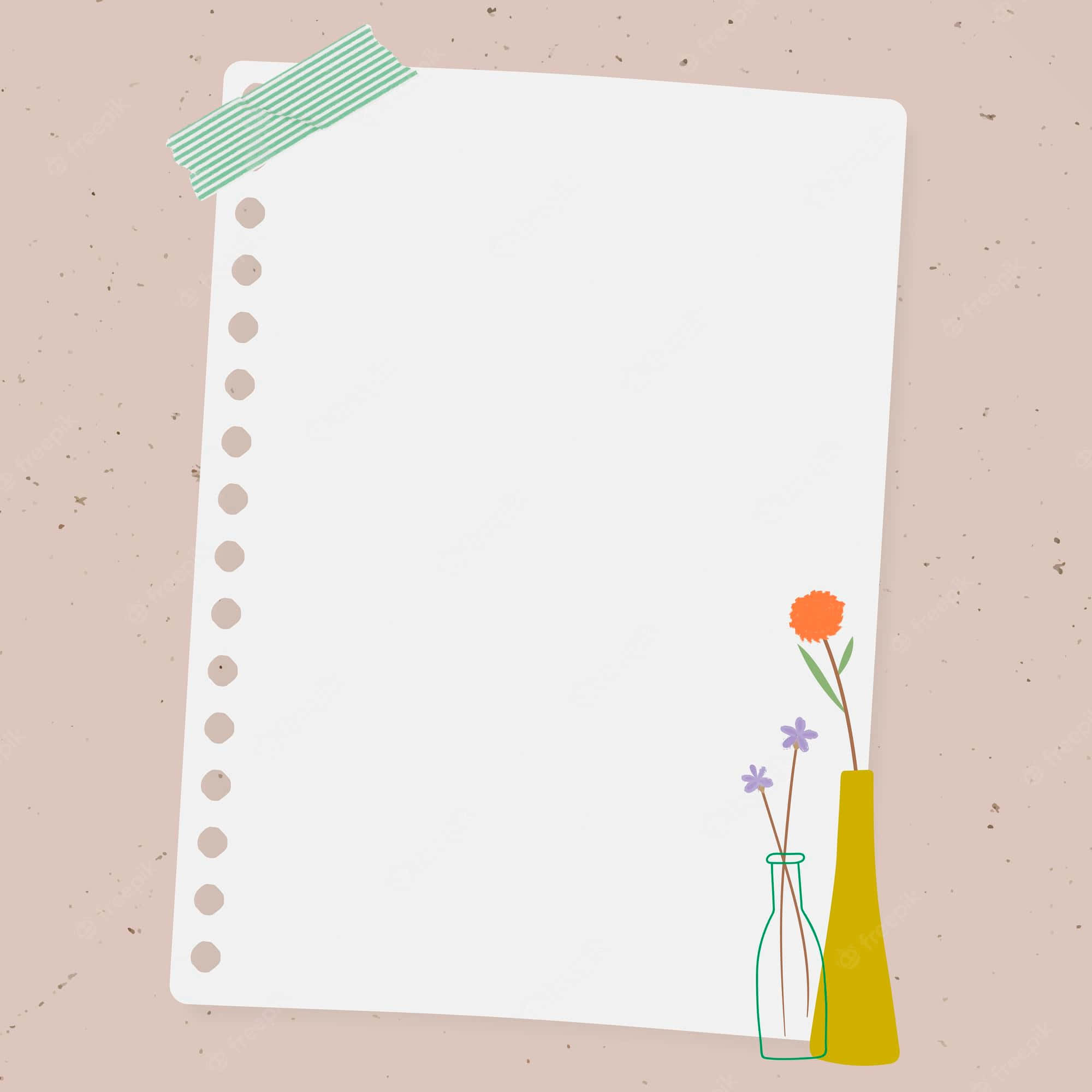 Diary 桌布 壁紙 — 一張空白筆記本頁面用膠帶貼在斑點表面上，角落有兩個色彩繽紛的花瓶插著花。