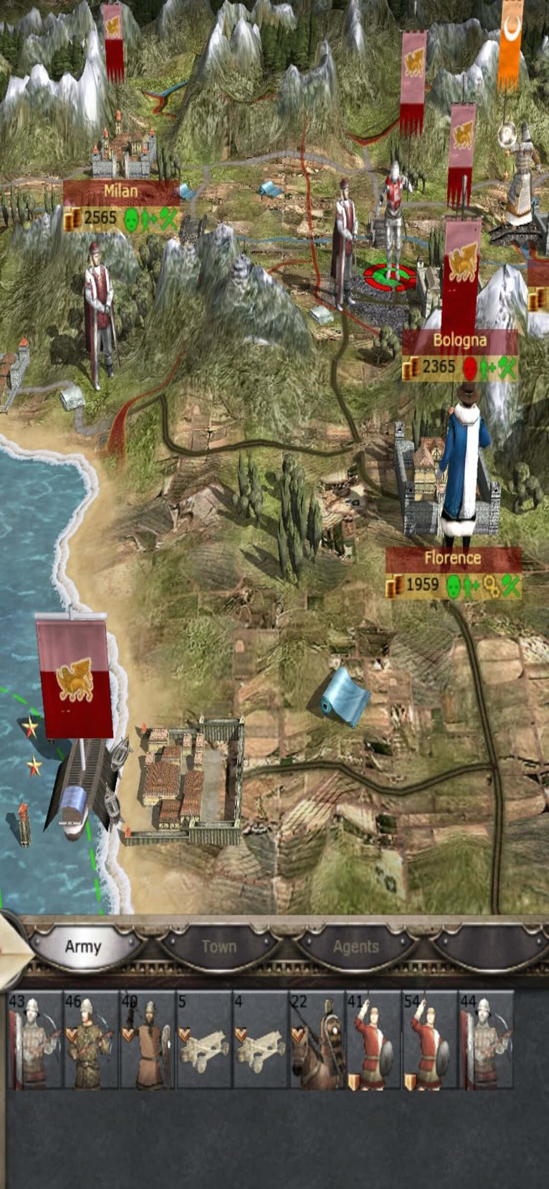 Map 桌布 壁紙 — 一張策略遊戲地圖，顯示義大利城市如米蘭、佛羅倫斯和波隆那，並有軍隊和地形細節。