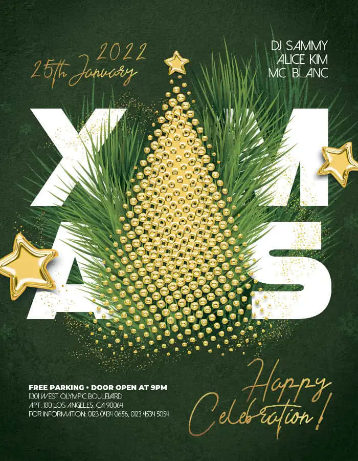 Christmas Flyer 桌布 壁紙 — 一張節慶聖誕派對海報，以金色鈴鐺樹和松葉點綴在深綠色背景上。