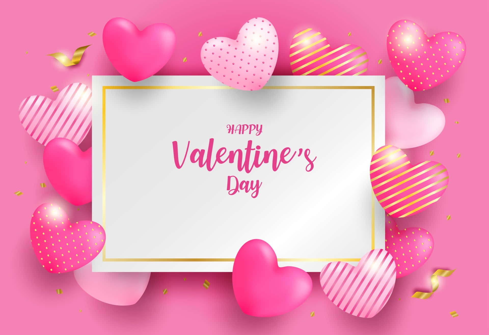 Happy Valentines Day 桌布 壁紙 — 一張節日情人節賀卡，以帶有金色點綴和五彩紙屑的光澤粉紅色心形框住，背景為充滿活力的粉紅色。