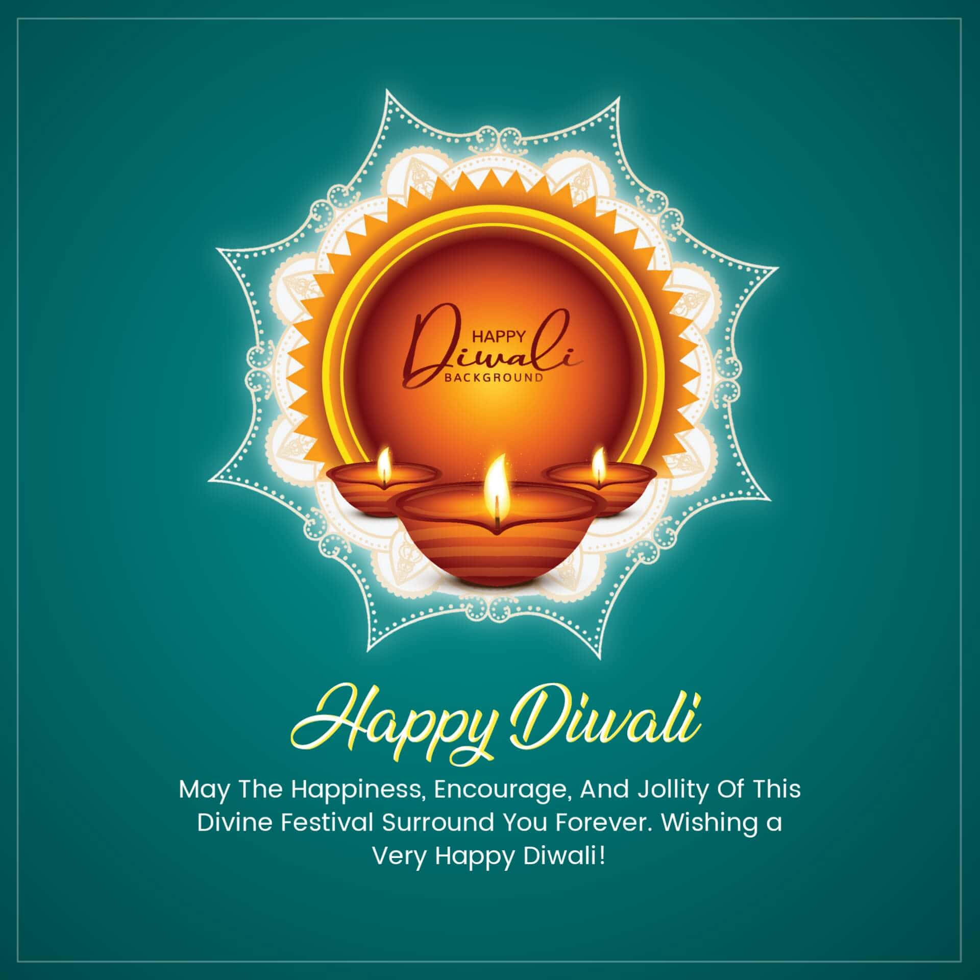 Happy Diwali 桌布 壁紙 — 一張節日排燈節問候卡，在青綠色背景上，裝飾性白色曼陀羅內有發光的油燈。