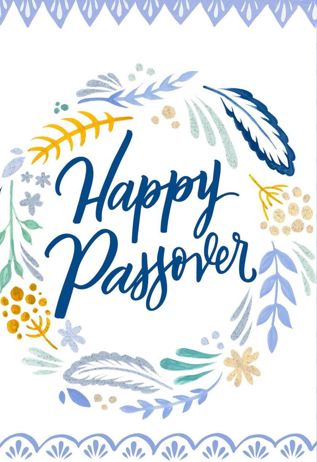 Passover 桌布 壁紙 — 一張節日插圖問候卡，藍色草書寫著「Happy Passover」，周圍環繞著藍色、黃色和綠色的裝飾羽毛和花卉元素。