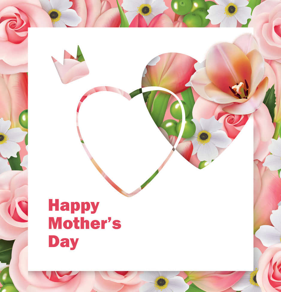 Mother's Day 桌布 壁紙 — 一張節日母親節賀卡，帶有心形花卉框架，周圍環繞著粉紅玫瑰和白色雛菊。
