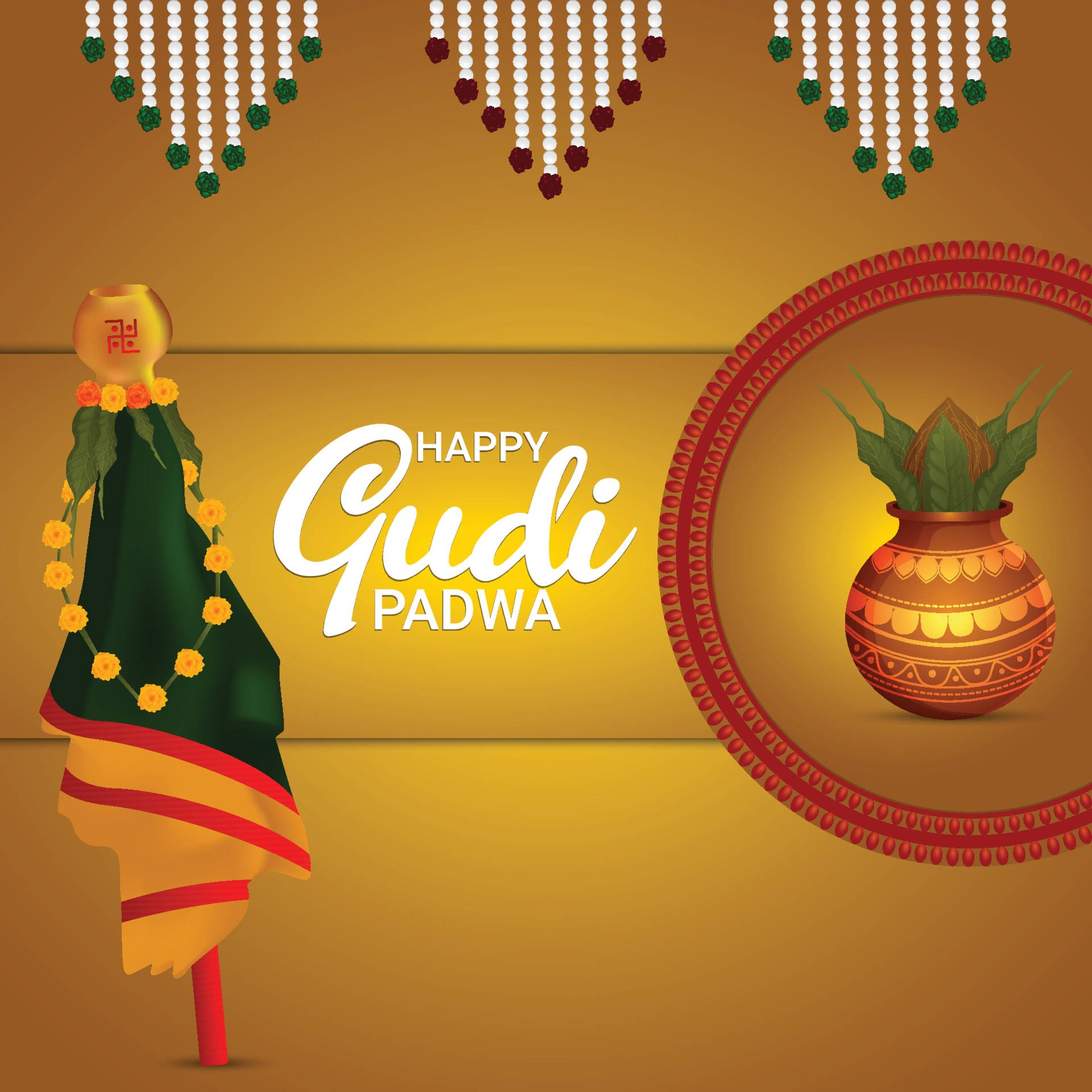 Gudi Padwa 桌布 壁紙 — 一張節日氣氛濃厚的 Gudi Padwa 賀卡，上面有裝飾過的 gudi 和一個傳統的帶葉子的花盆，背景是金色。