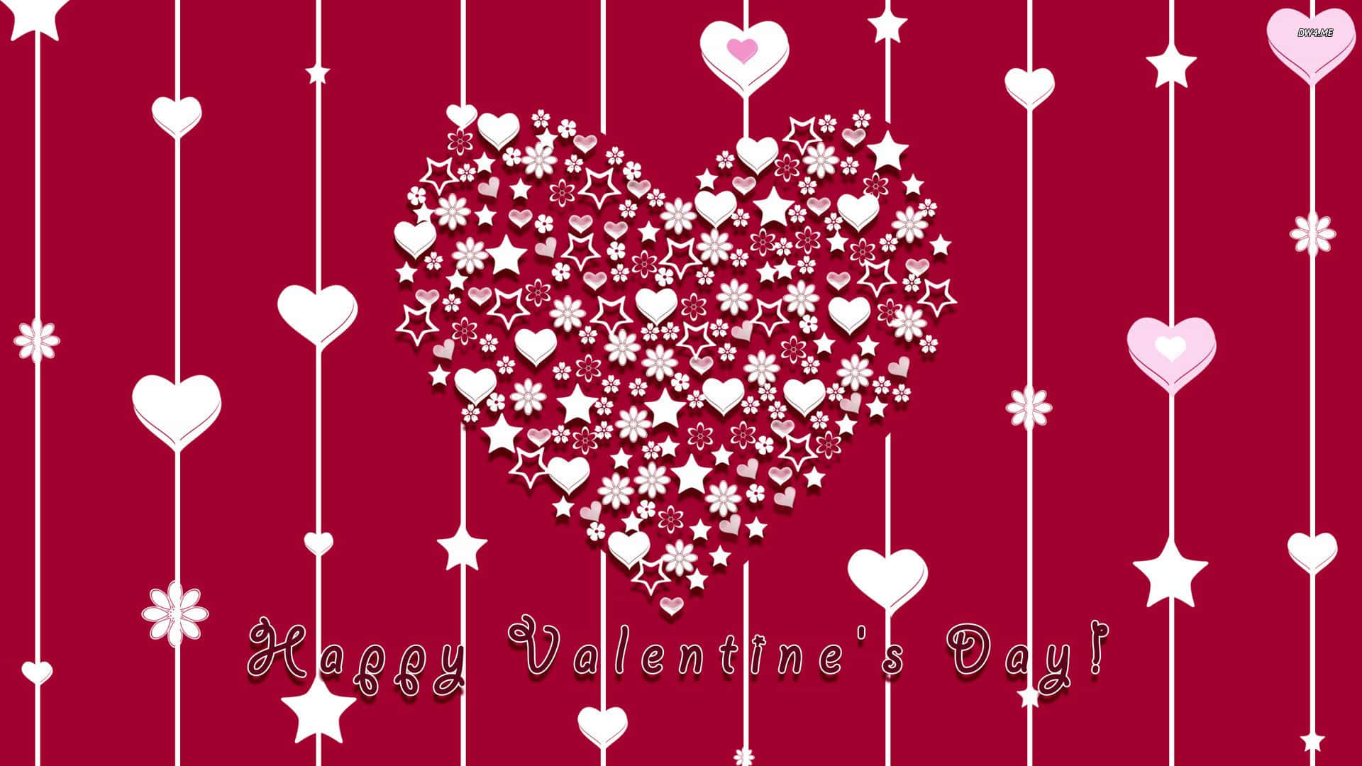 Valentines 桌布 壁紙 — 一張節日氣氛濃厚的情人節桌布，由較小的愛心和星星組成的大愛心懸掛在深紅色背景上。