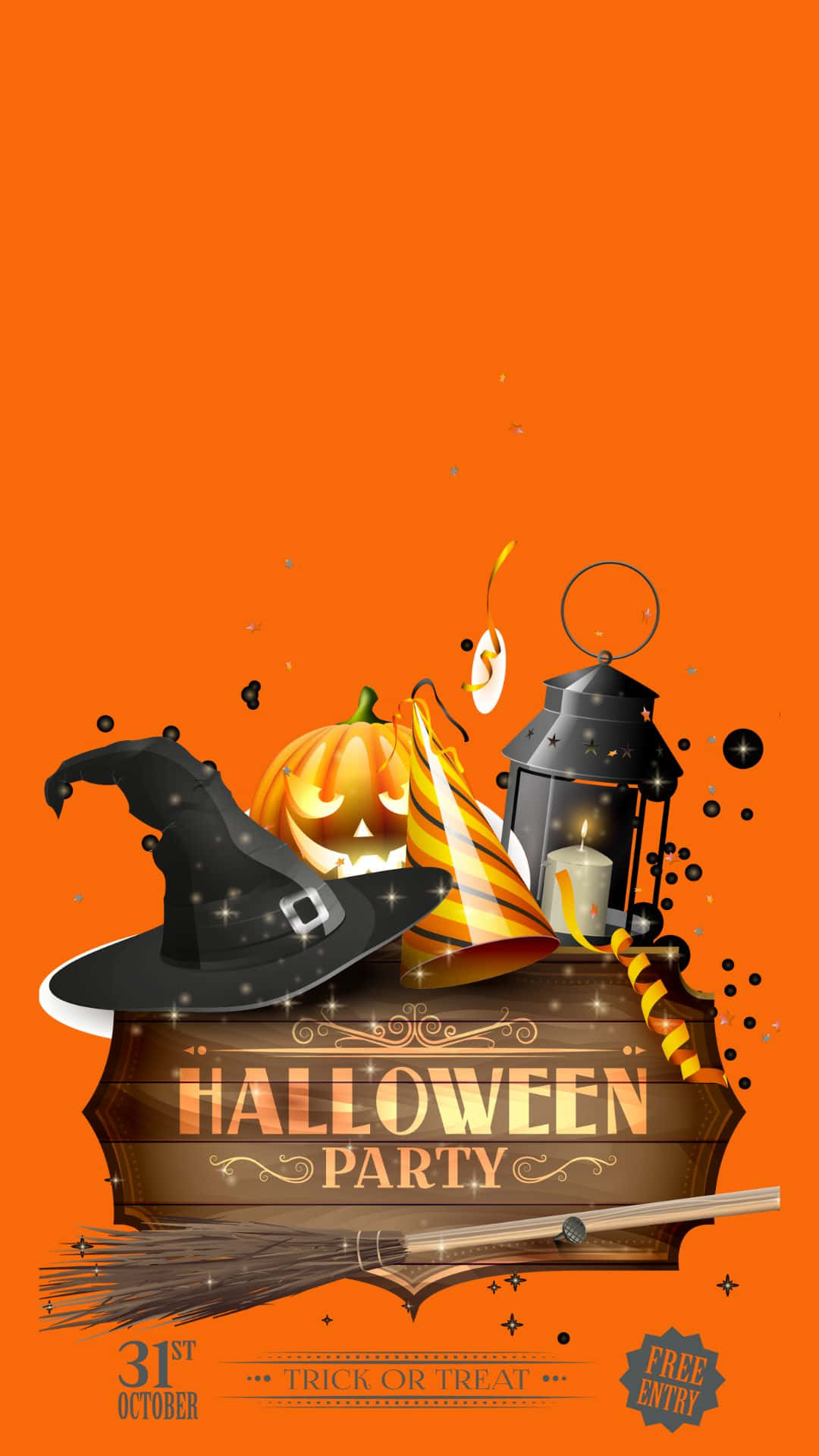 Halloween Party 桌布 壁紙 — 一張節日氣氛濃厚的萬聖節派對海報，上面有南瓜燈、女巫帽、燈籠和掃帚，背景為橙色。