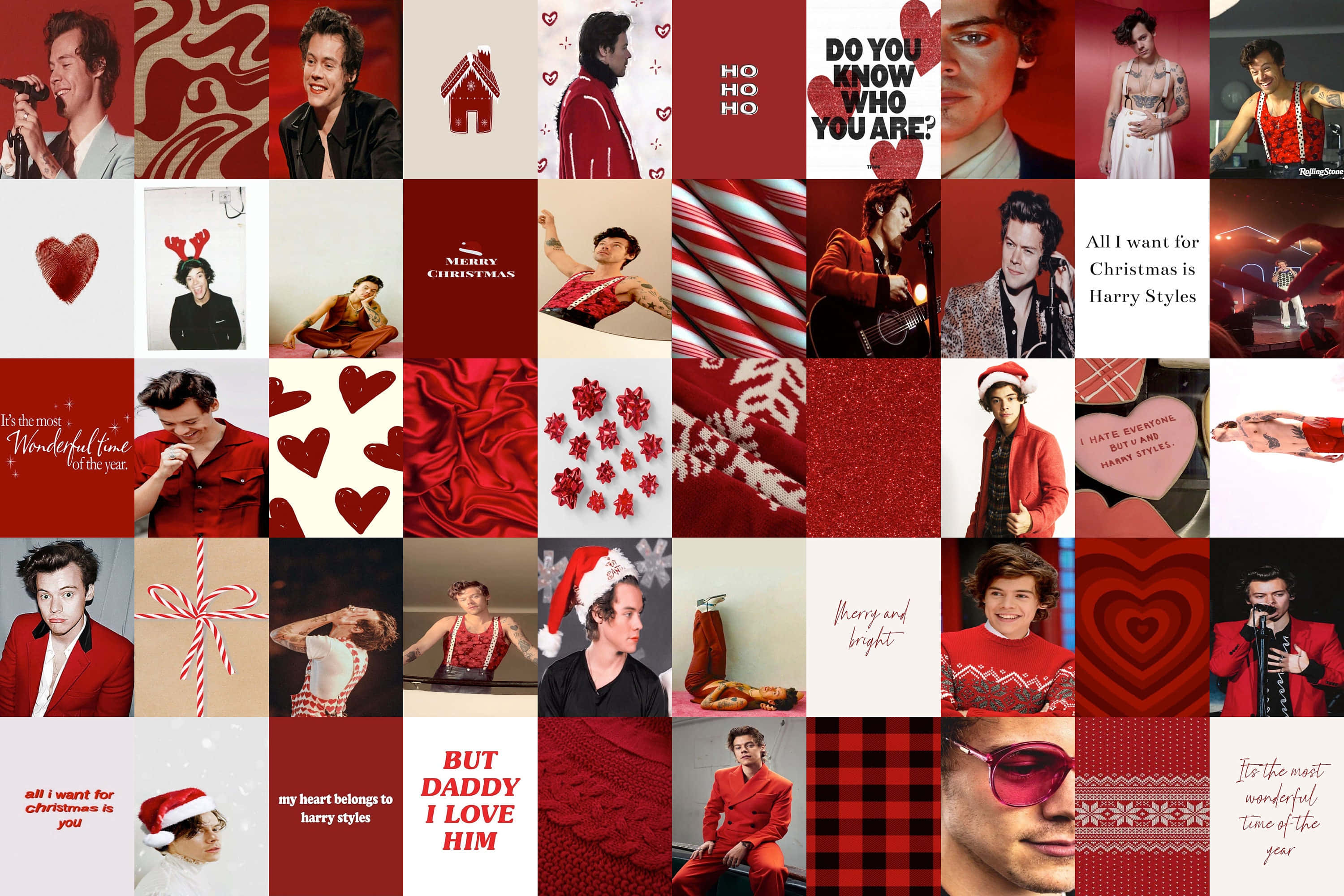 Harry Styles Collage 桌布 壁紙 — 一張節日紅白拼貼畫， featuring Harry Styles 穿著節日服裝、心形圖案和聖誕主題文字。
