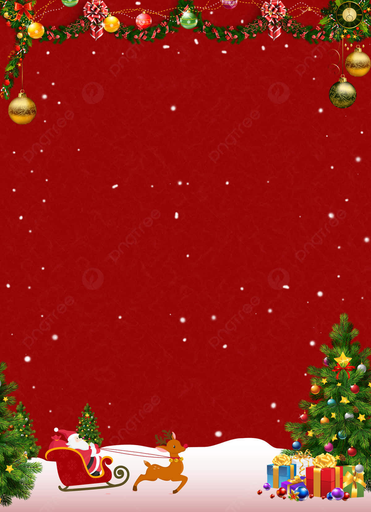 Happy Holidays 桌布 壁紙 — 一張節日紅色聖誕桌布，雪花飄落，裝飾著花環、飾品，以及由馴鹿拉著的雪橇，靠近裝飾好的樹木和禮物。