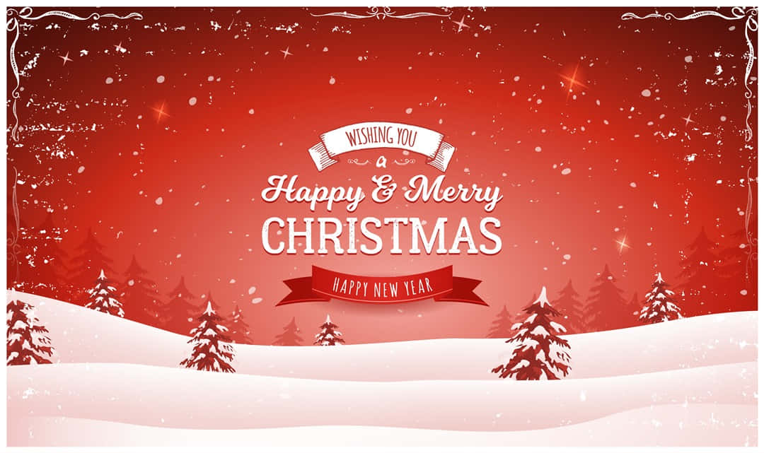 Vintage Christmas 桌布 壁紙 — 一張節日紅色聖誕桌布，雪花飄落在雪丘和松樹上，天空閃耀。