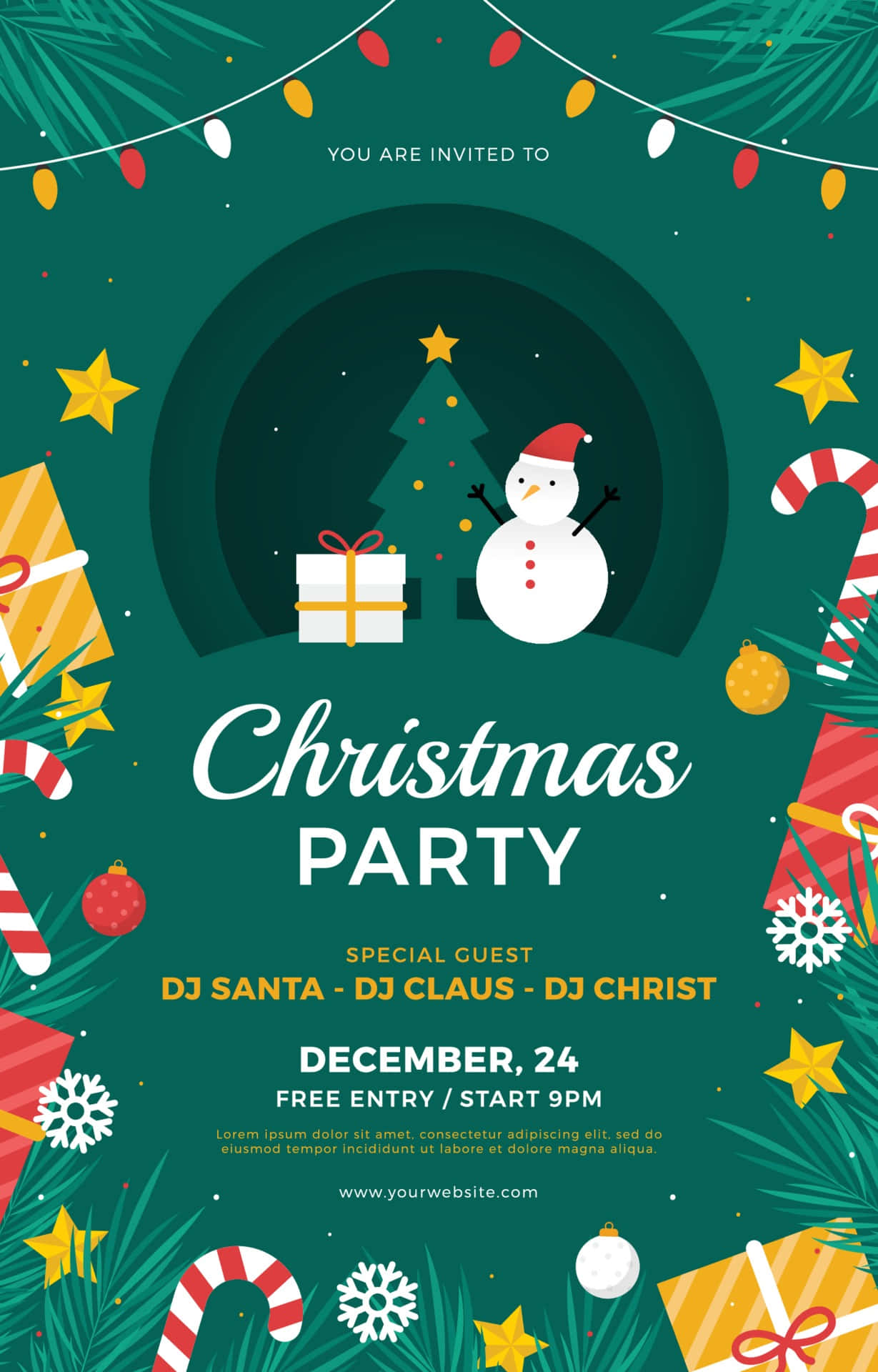 Christmas Flyer 桌布 壁紙 — 一張節日聖誕派對海報，上面有雪人、聖誕樹、禮物和拐杖糖，背景為深綠色。