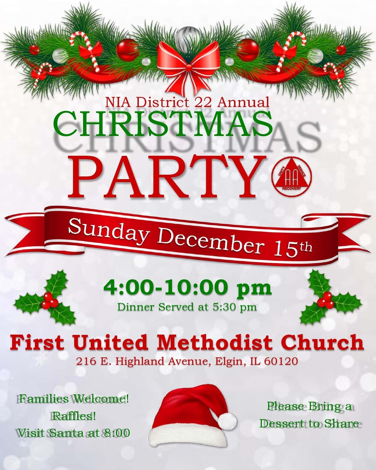Christmas Flyer 桌布 壁紙 — 一張節日聖誕派對海報，以紅色蝴蝶結、冬青漿果和聖誕帽為特色，背景是雪地。