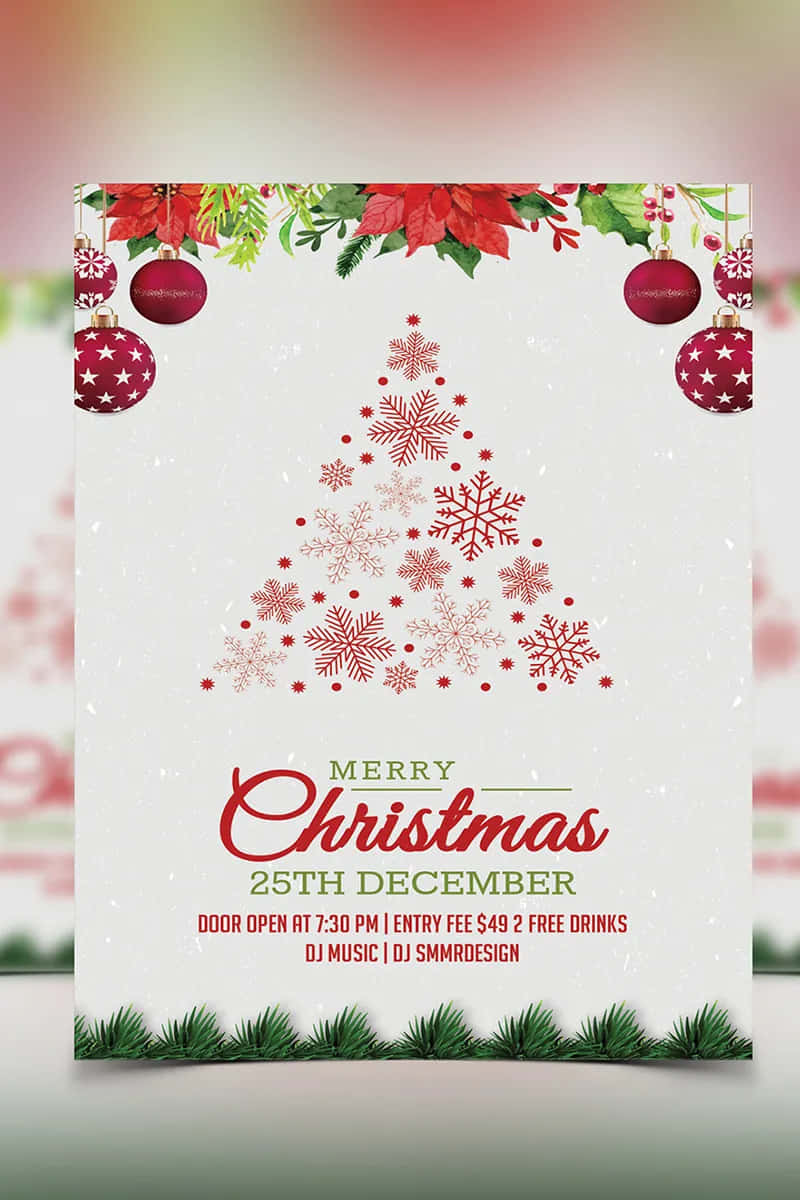 Christmas Flyer 桌布 壁紙 — 一張節日聖誕派對海報，紅色雪花形成聖誕樹，配以一品紅、裝飾品和松樹花環，背景是雪地。