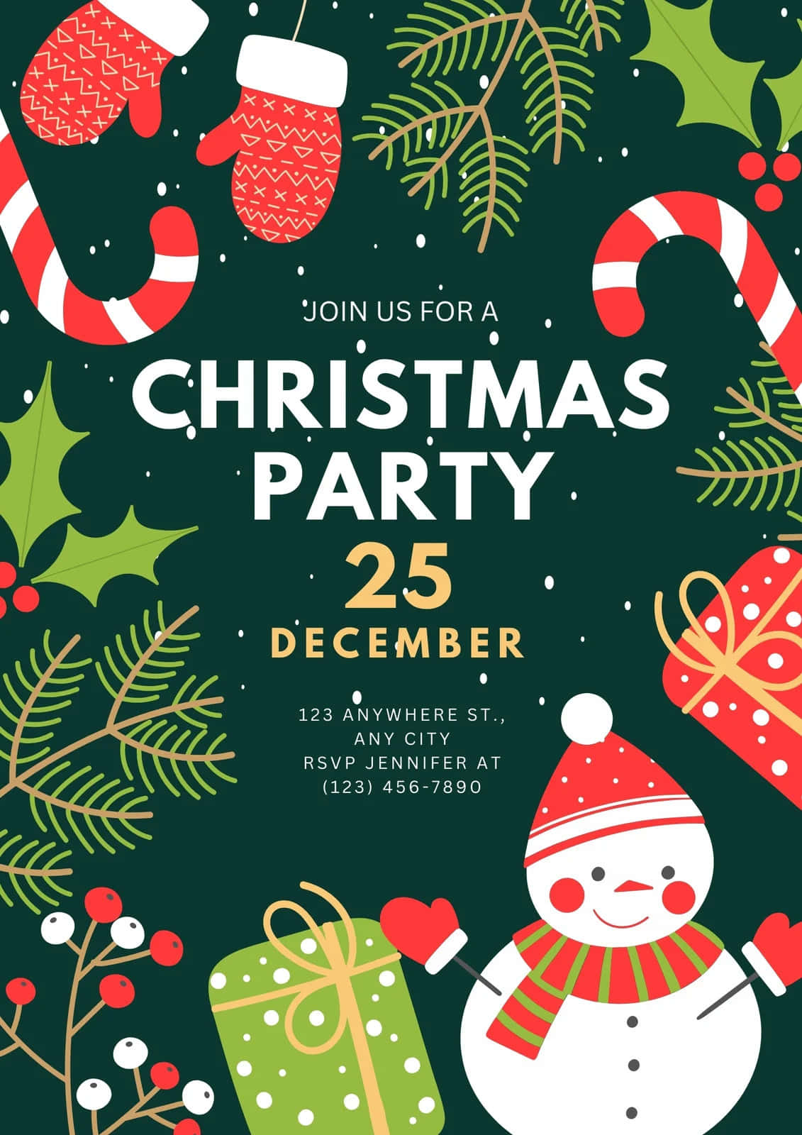Christmas Flyer 桌布 壁紙 — 一張節日聖誕派對邀請函，上面有開心的雪人、拐杖糖、冬青和禮物，背景是深綠色。