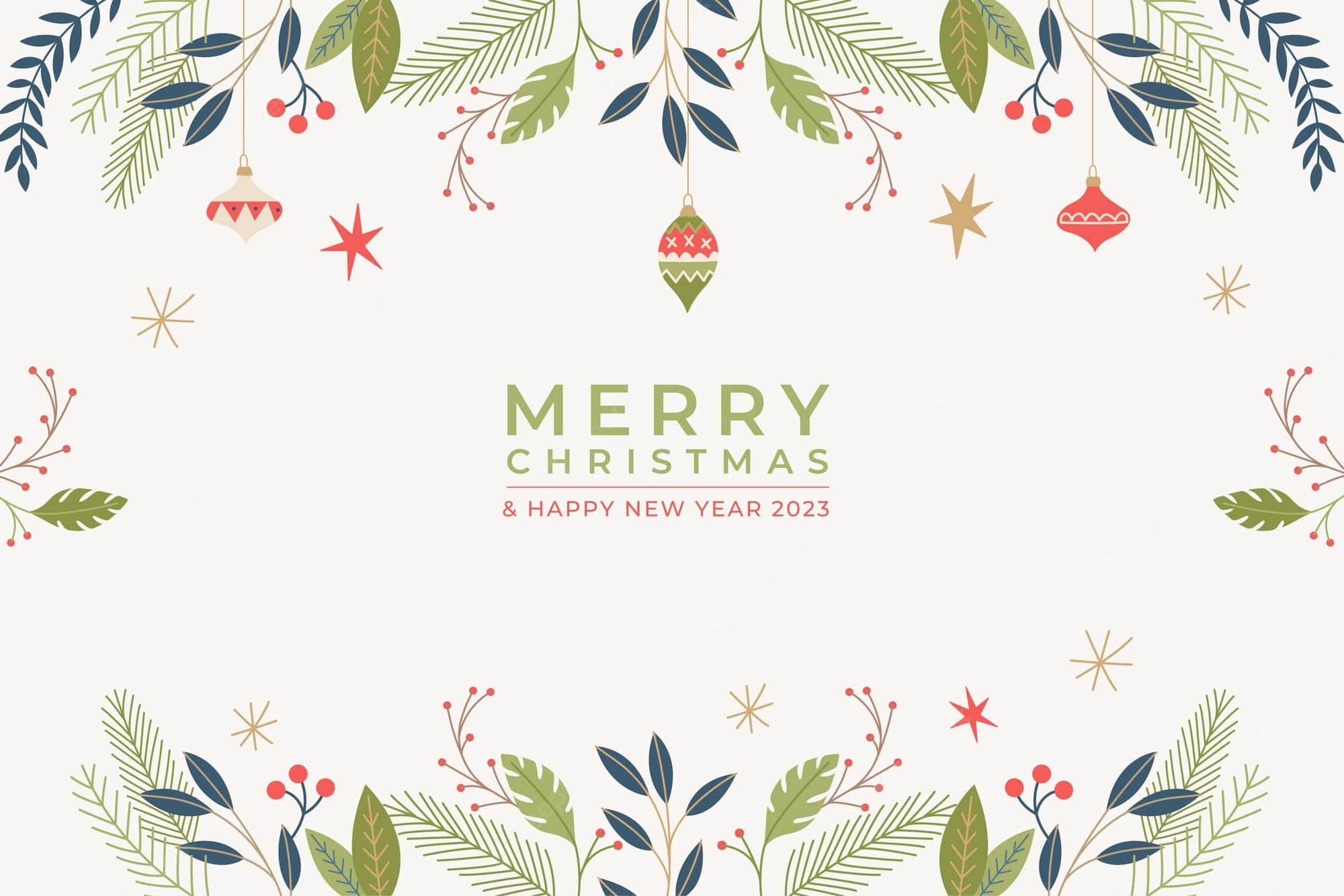 Christmas Card 桌布 壁紙 — 一張節日聖誕賀卡，以綠色和紅色的裝飾品、漿果和星星環繞著奶油色背景。