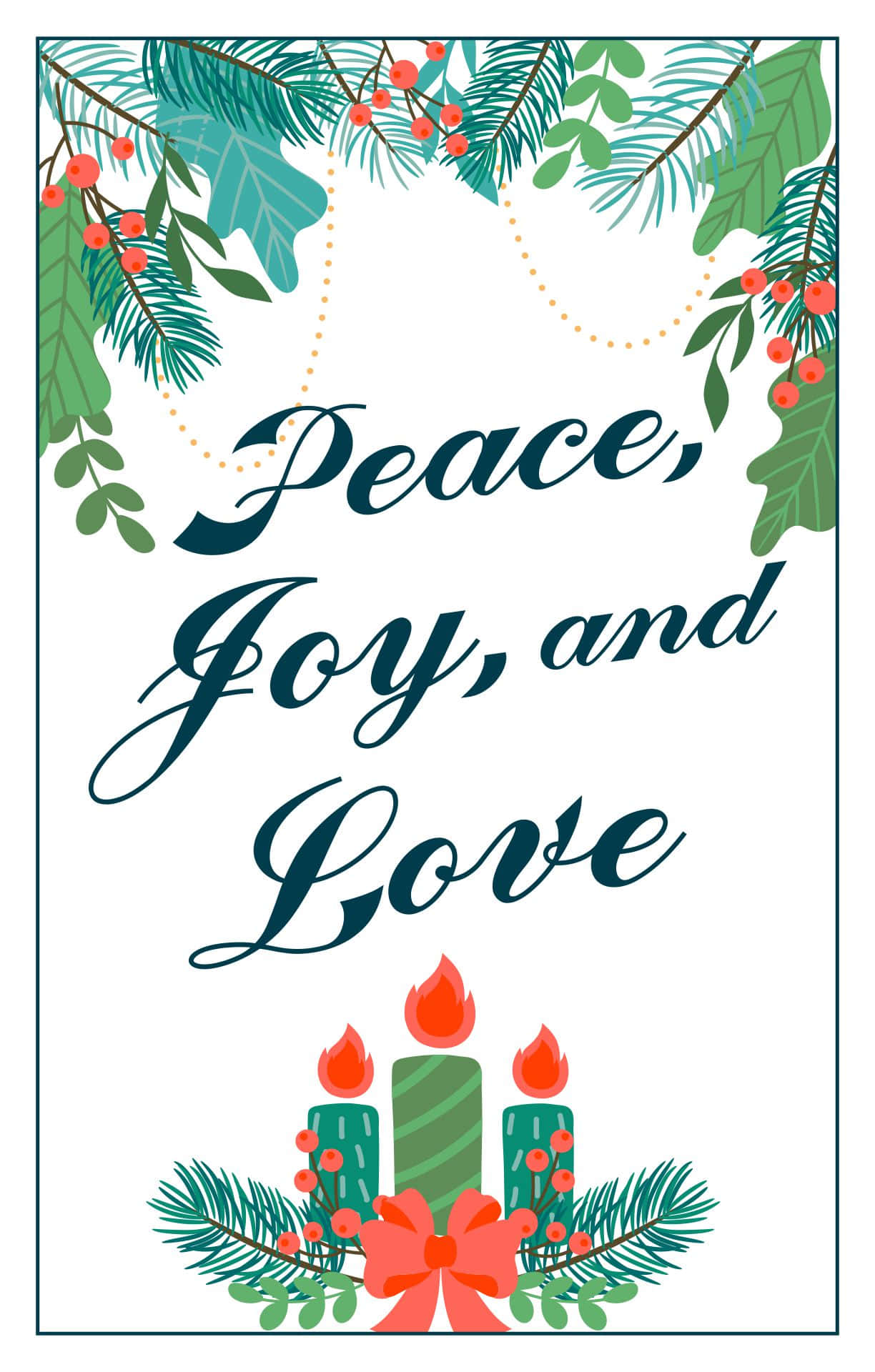 Religious Christmas 桌布 壁紙 — 一張節日賀卡，綠色松樹和冬青枝條圍繞著優雅的手寫文字 Peace Joy and Love，上方有三根點燃的蠟燭和一個紅色蝴蝶結。