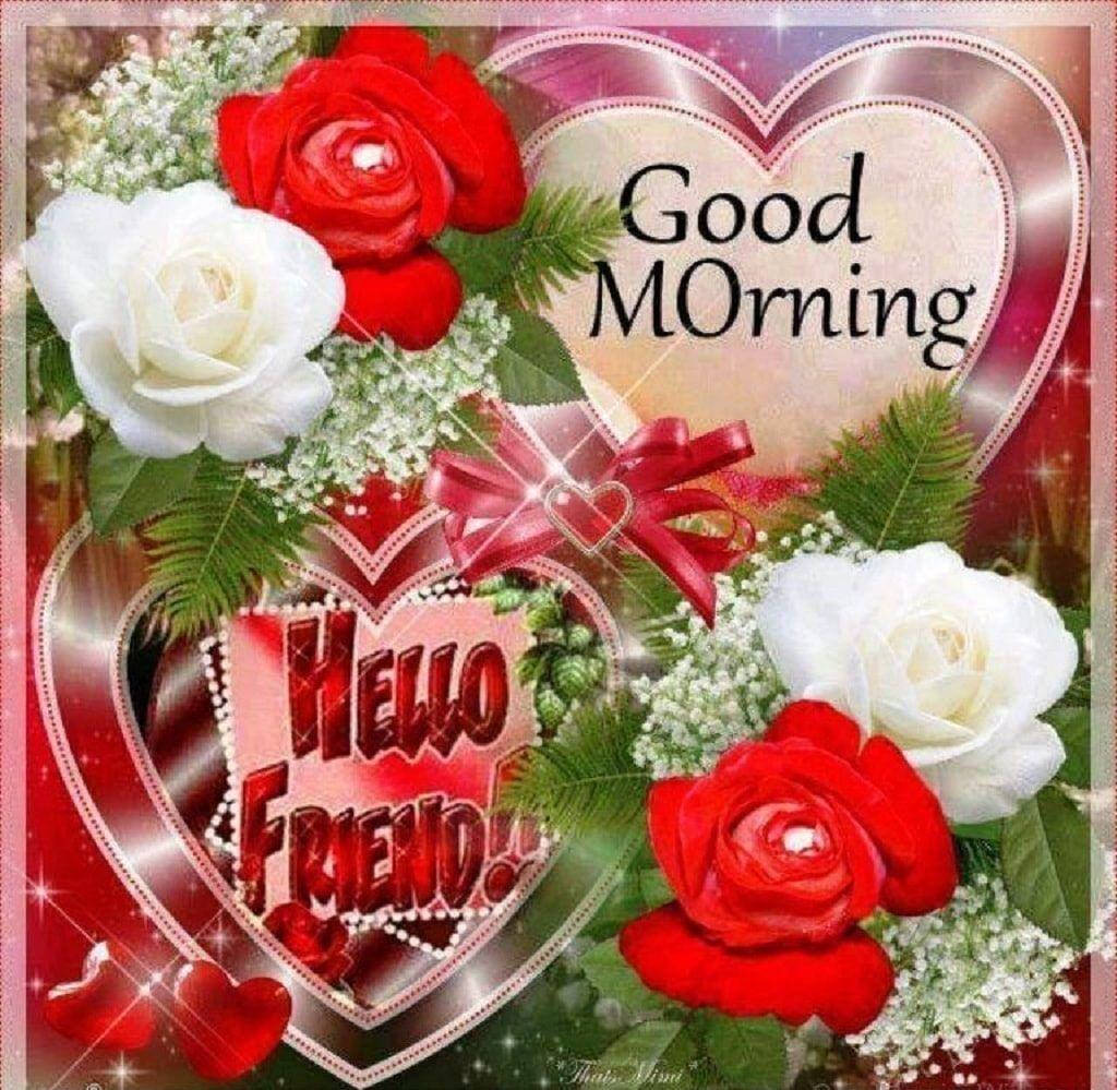 Good Morning HD 桌布 壁紙 — 一張節日賀卡，飾有紅白玫瑰、心形框架，以及閃爍文字「早安」和「你好朋友」。