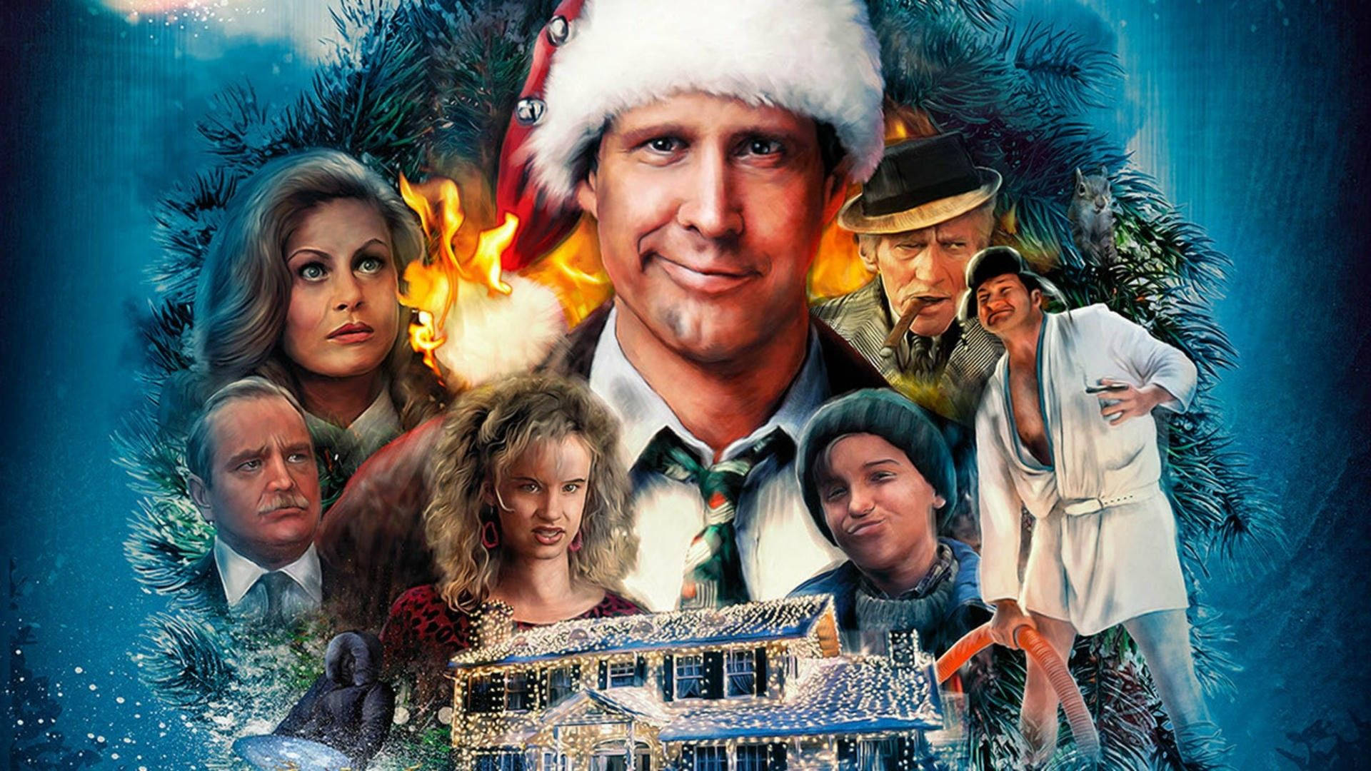 Christmas Vacation 桌布 壁紙 — 一張節日電影海報，中央有一個戴聖誕帽的男人，周圍有各種角色，還有一間在雪松枝中發光的房子。