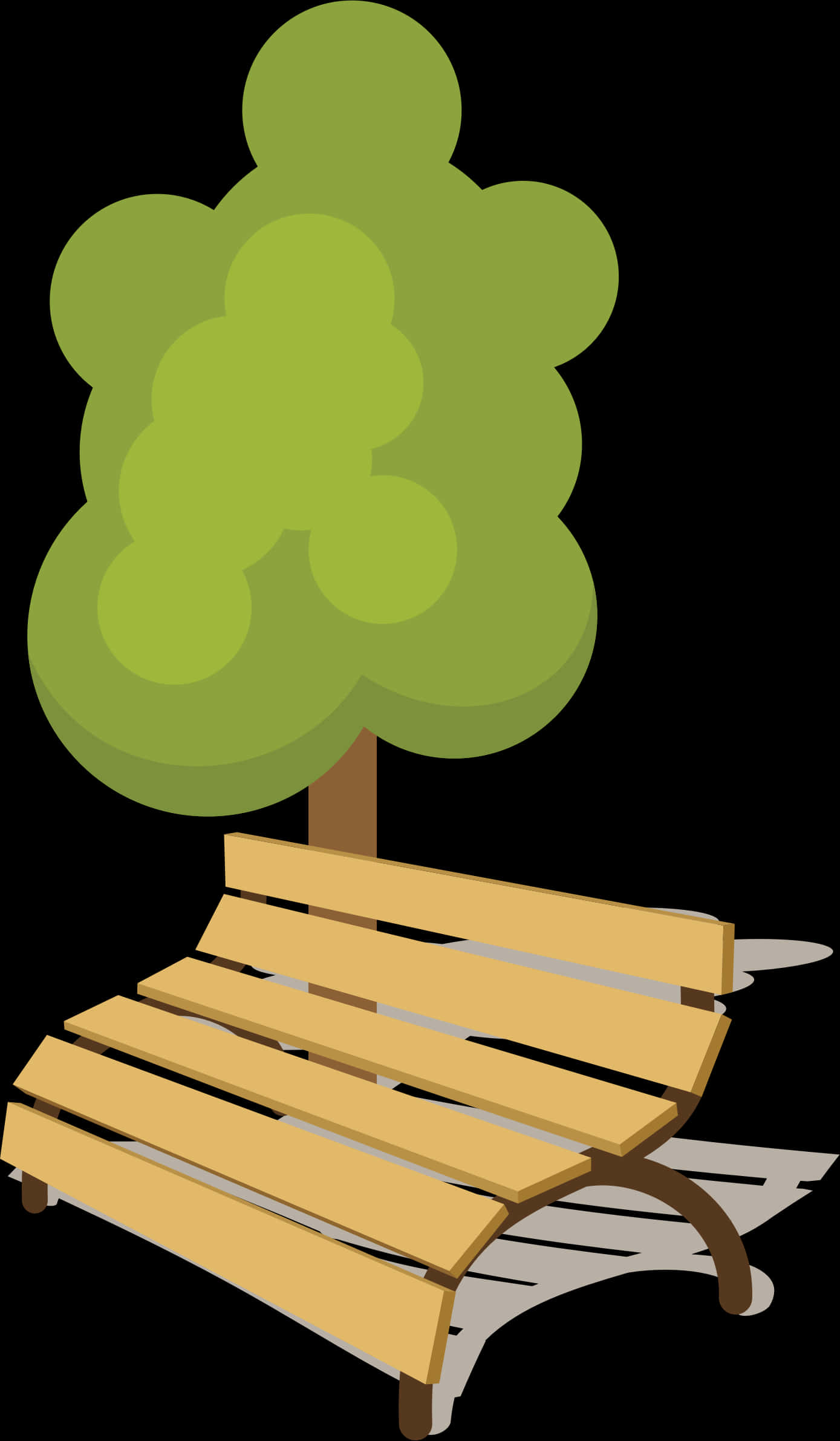 Park Bench 桌布 壁紙 — 一張簡單的木凳位於一棵圓形綠樹下，樹幹棕色，背景黑色。